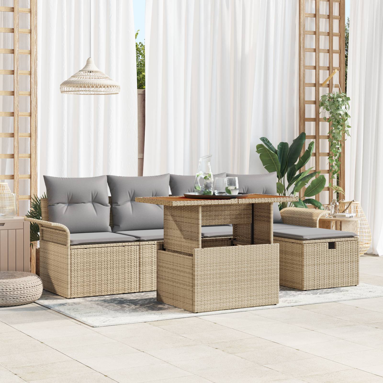 vidaXL 6-teiliges Garten-Sofa-Set mit Kissen Beige Poly-Rattan
