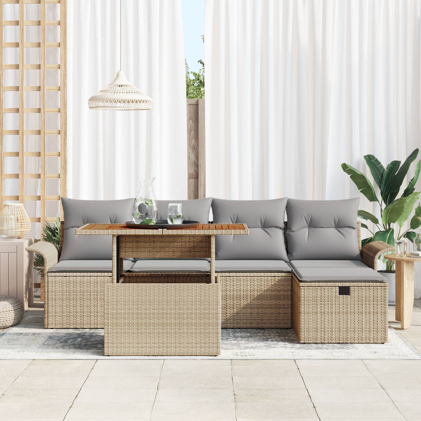 vidaXL 6-teiliges Garten-Sofa-Set mit Kissen Beige Poly-Rattan
