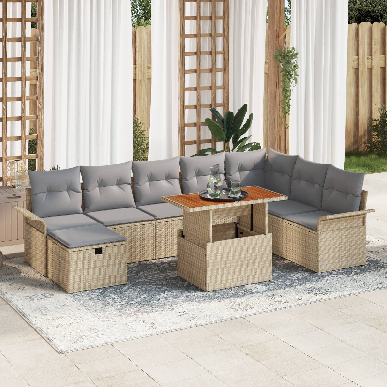 vidaXL 9-teiliges Garten Sofa Set mit Kissen Beige Poly Rattan