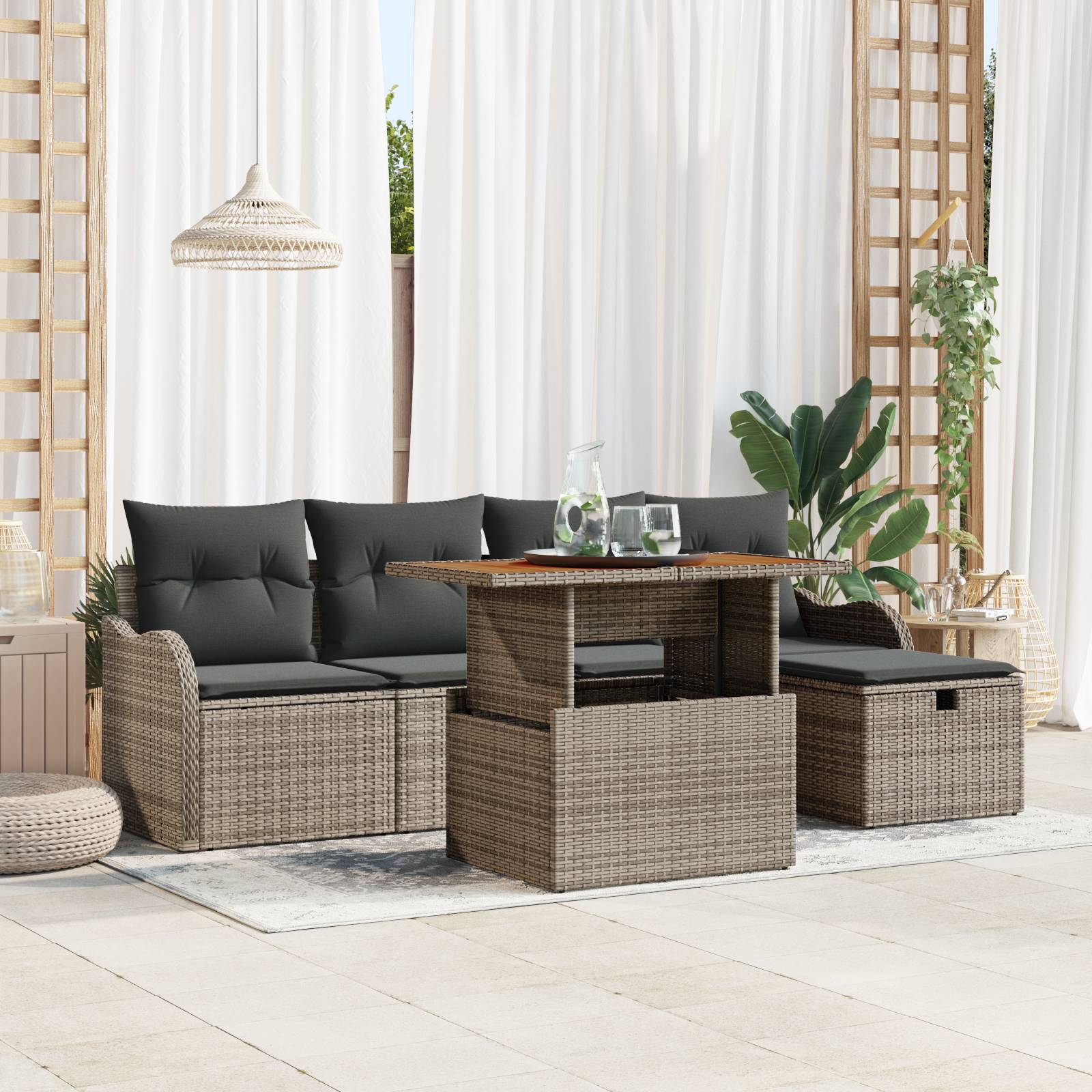 vidaXL 6-teiliges Garten Sofa Set mit Kissen Grau Poly-Rattan