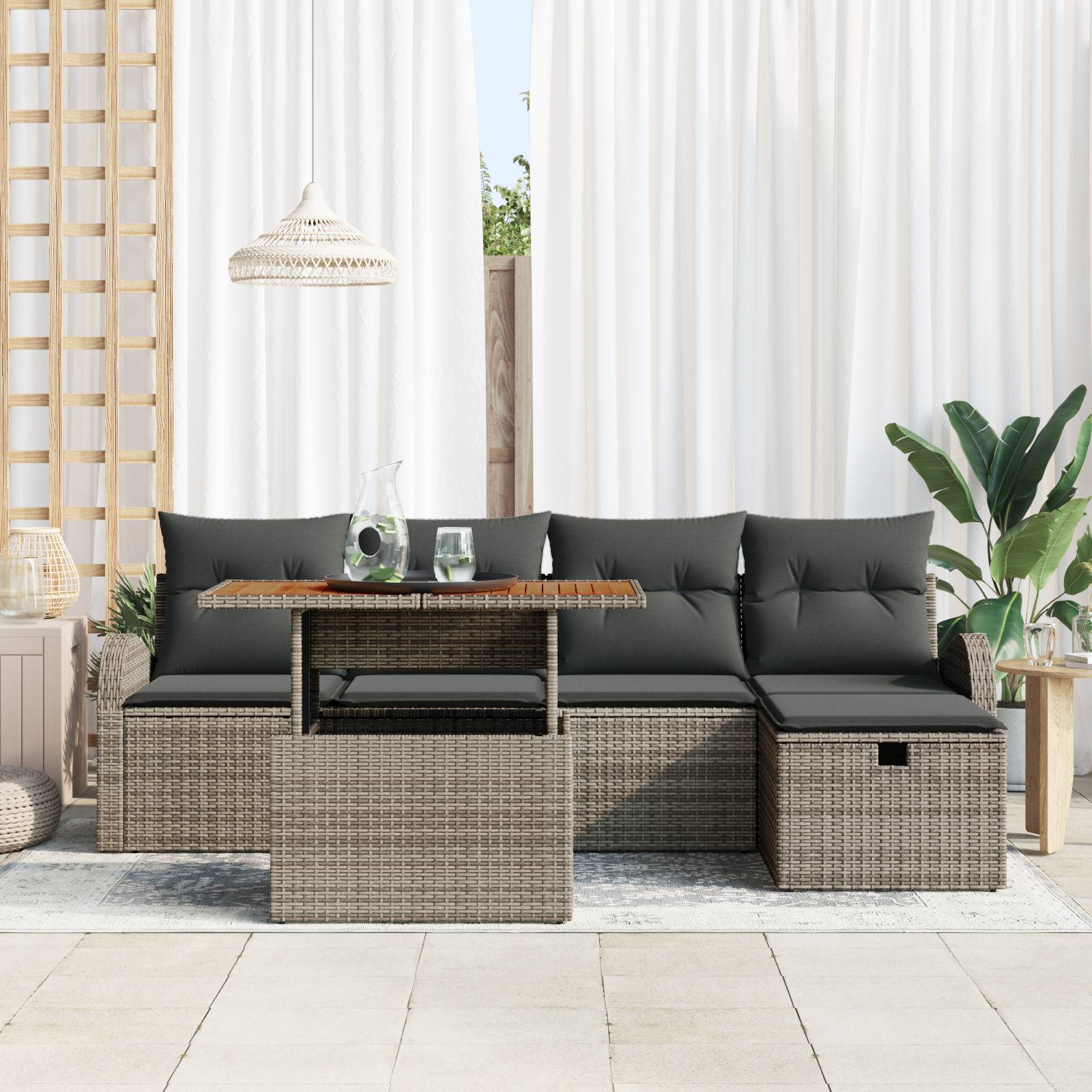 vidaXL 6-teiliges Garten-Sofa-Set mit Kissen Grau Poly-Rattan