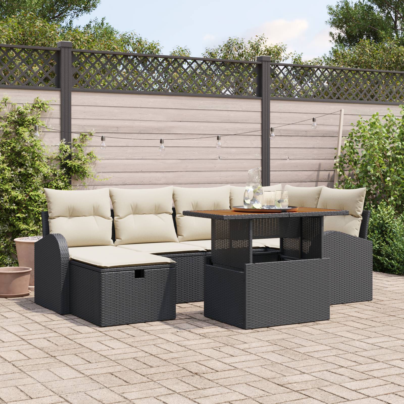 vidaXL 7-teiliges Garten-Sofa-Set mit Kissen Schwarz Poly Rattan