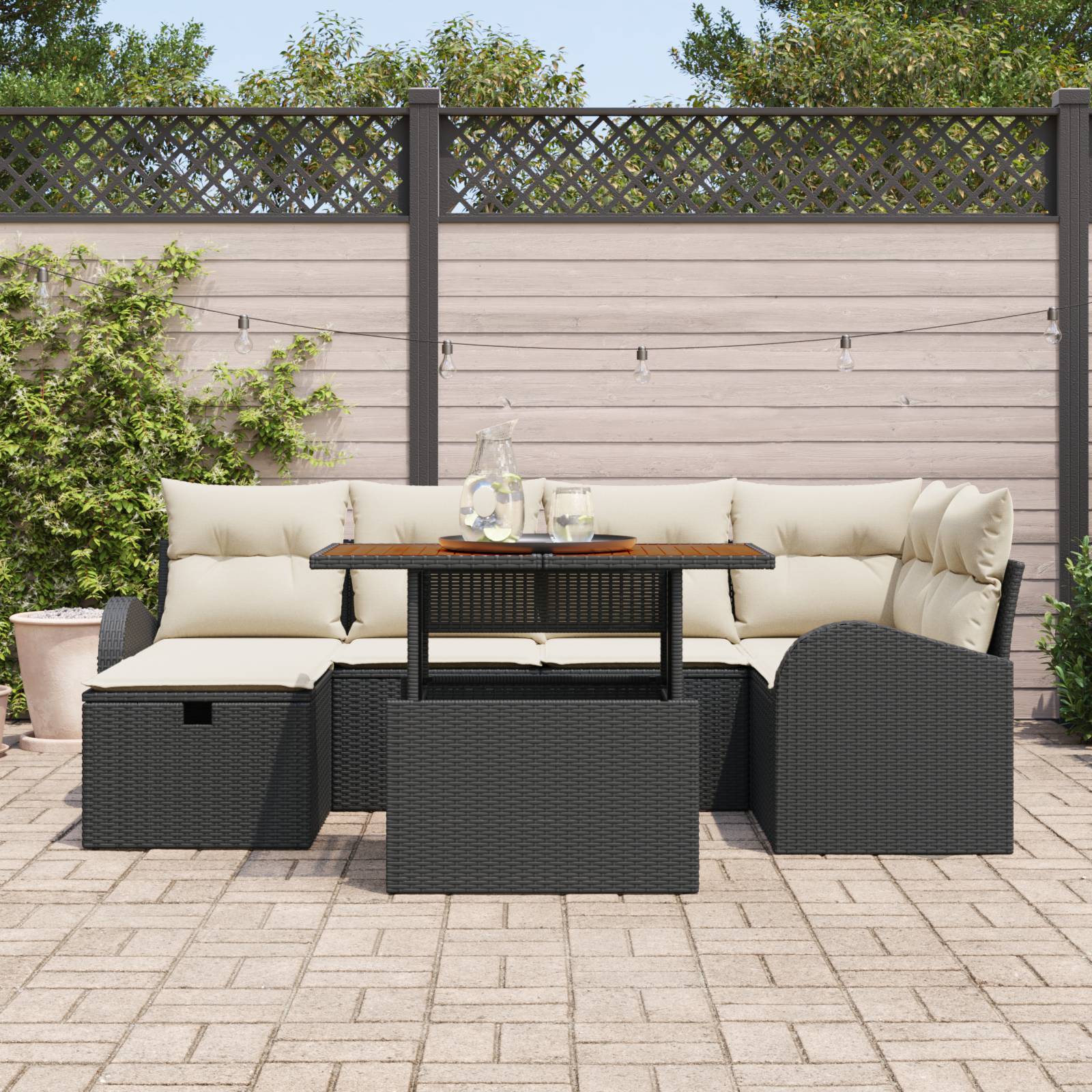 vidaXL 7-teiliges Garten-Sofa-Set mit Kissen Schwarz Poly Rattan