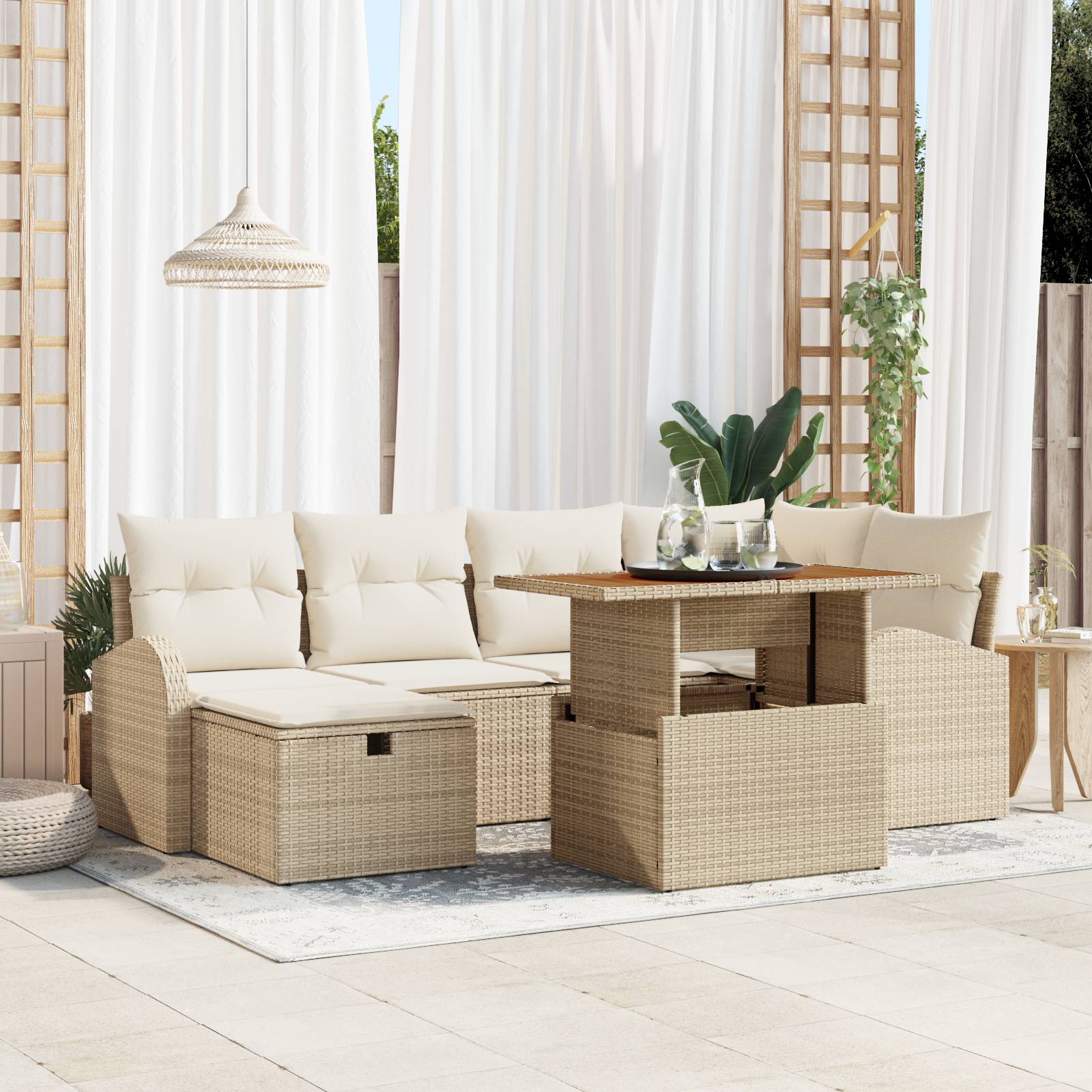 vidaXL 7-teiliges Garten Sofaset mit Kissen Beige Poly Rattan