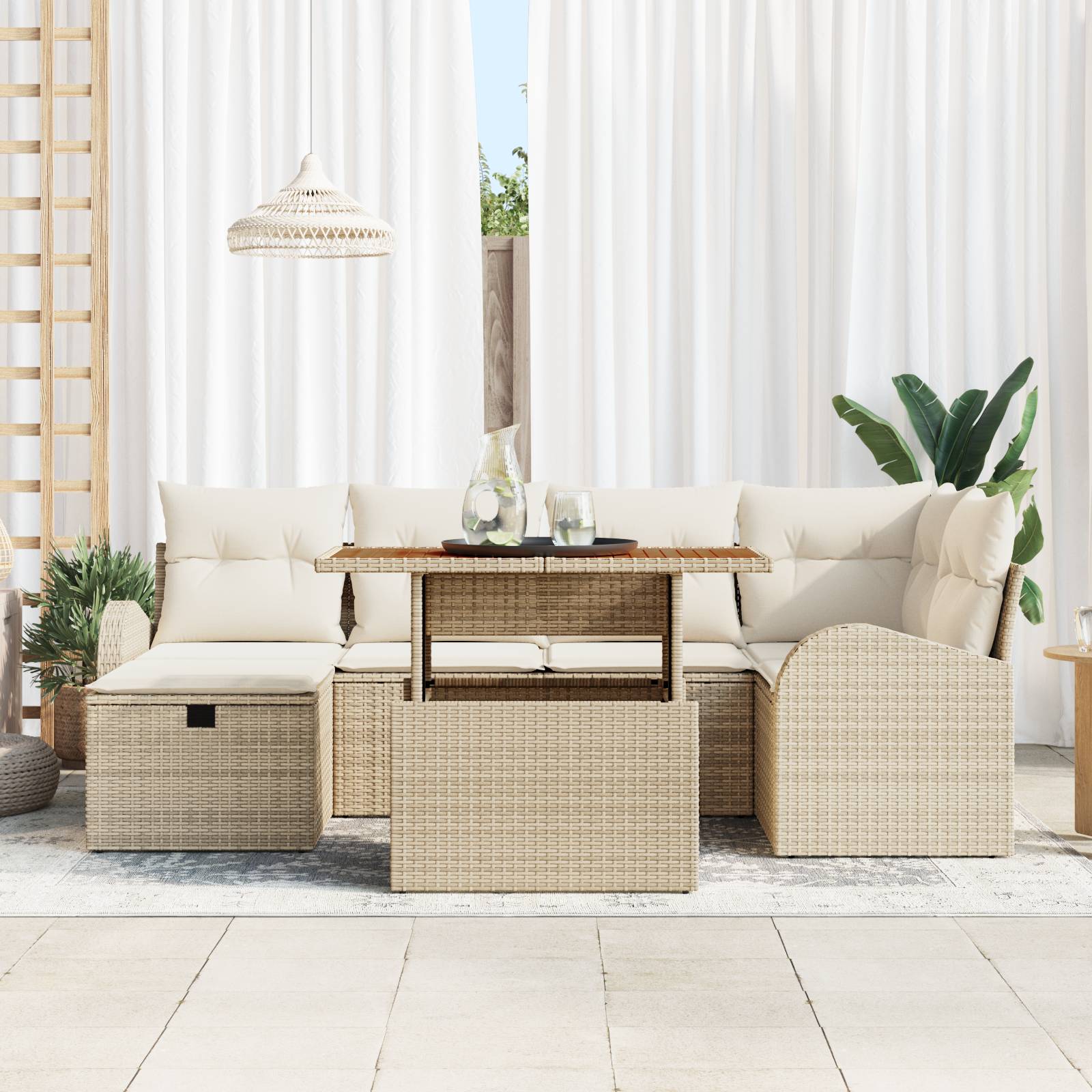 vidaXL 7-teiliges Garten Sofaset mit Kissen Beige Poly Rattan