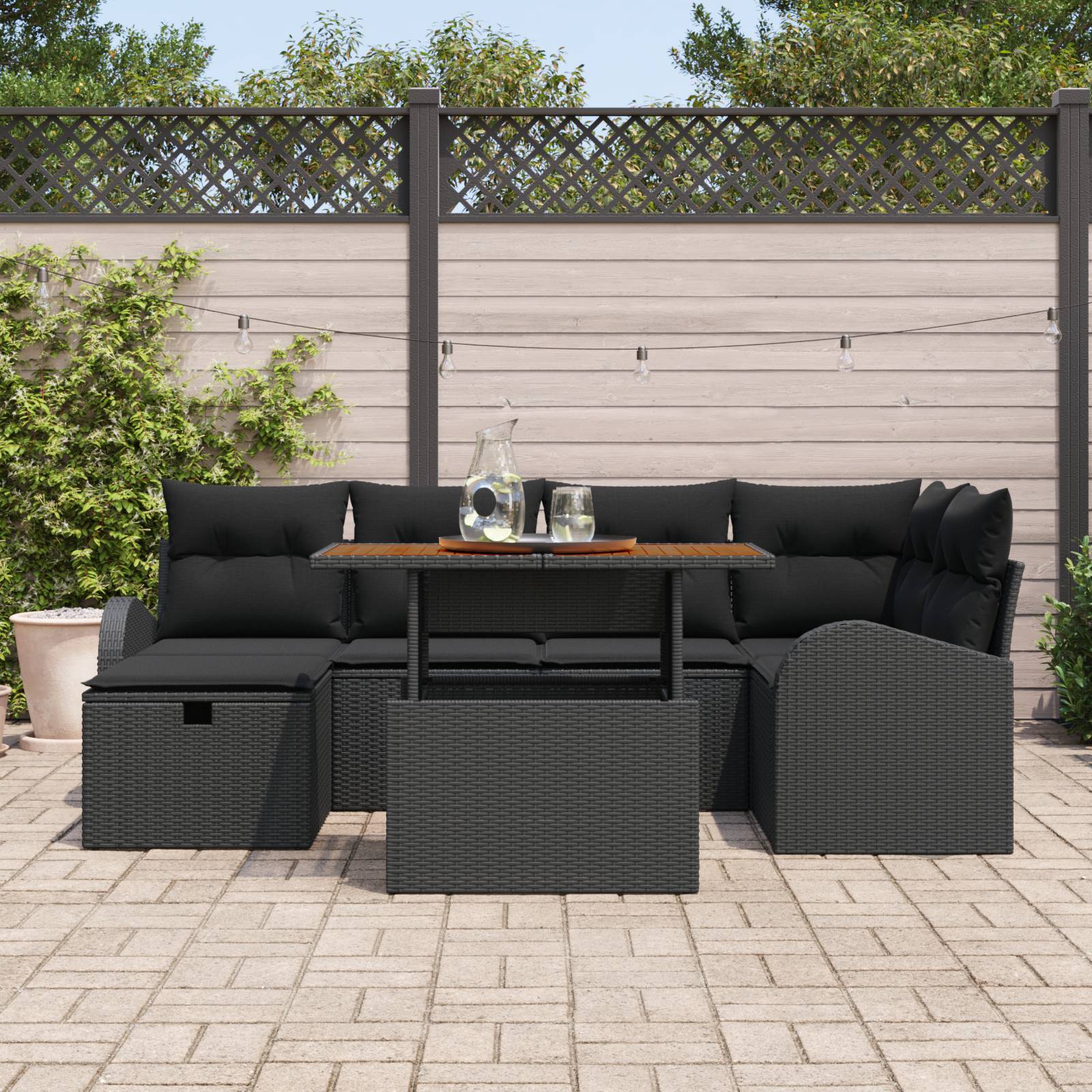vidaXL 7-teiliges Garten-Sofa-Set mit Kissen Schwarz Poly-Rattan