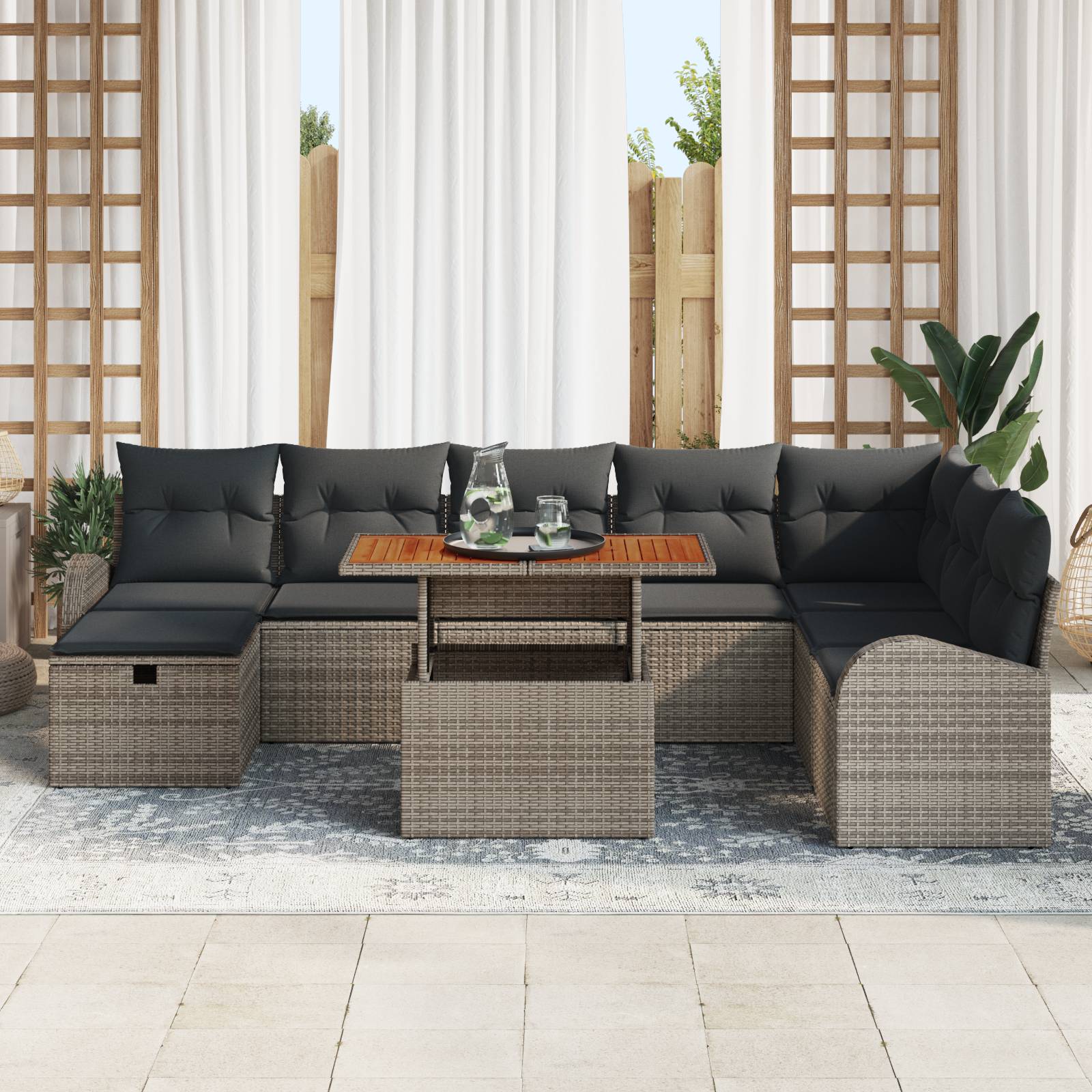 vidaXL 9-tlg. Garten-Sofagarnitur mit Kissen Grau Poly Rattan