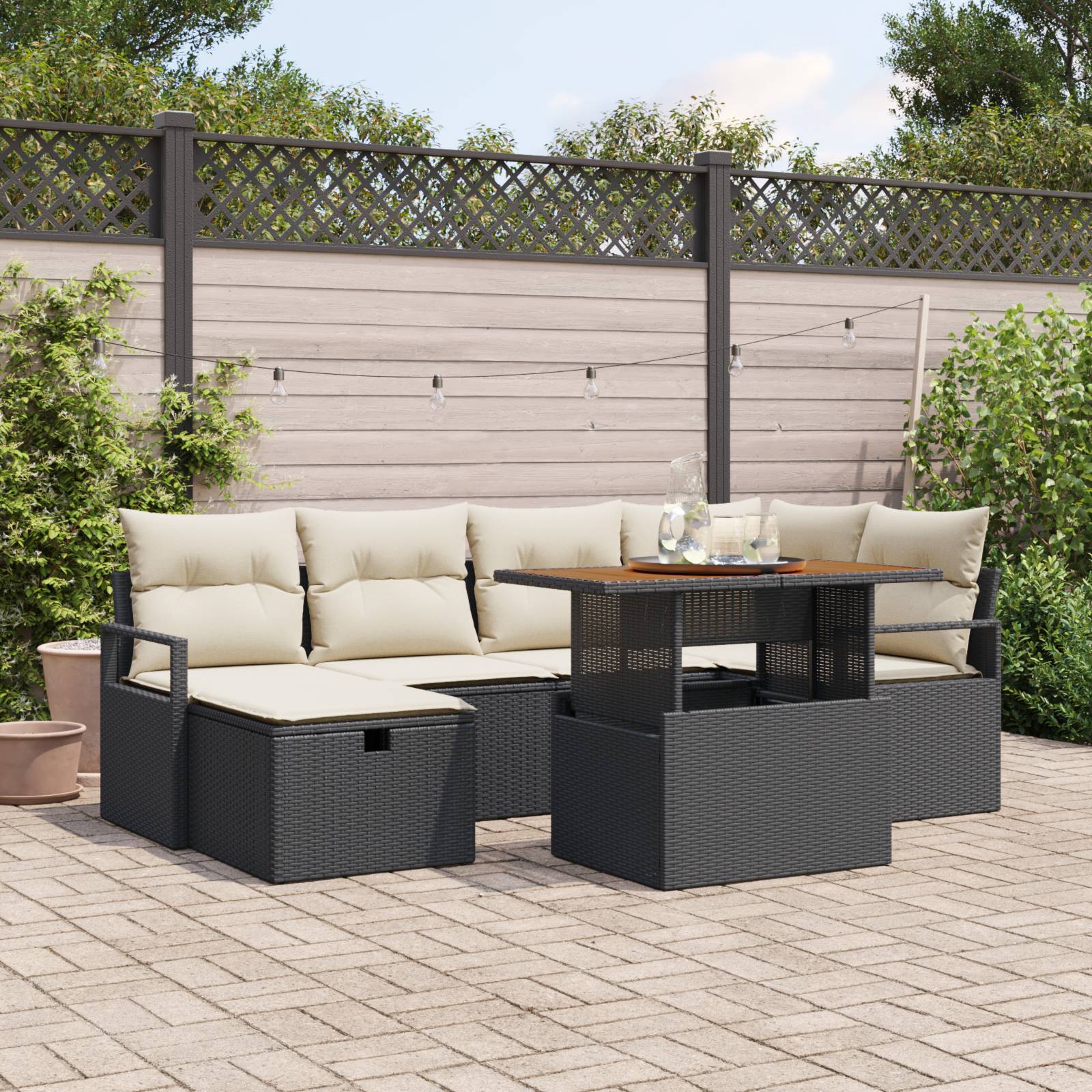 vidaXL 7-teiliges Garten Sofa Set mit Kissen Schwarz Poly Rattan