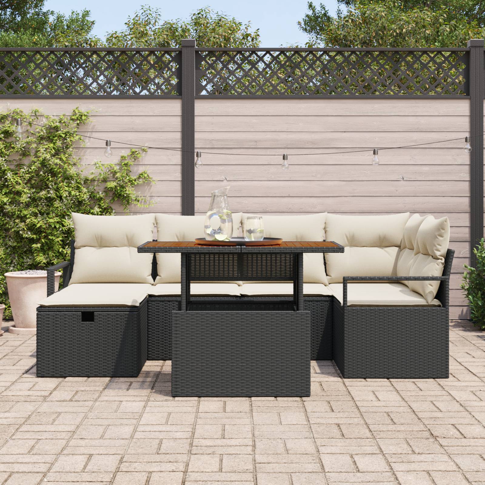 vidaXL 7-teiliges Garten Sofa Set mit Kissen Schwarz Poly Rattan