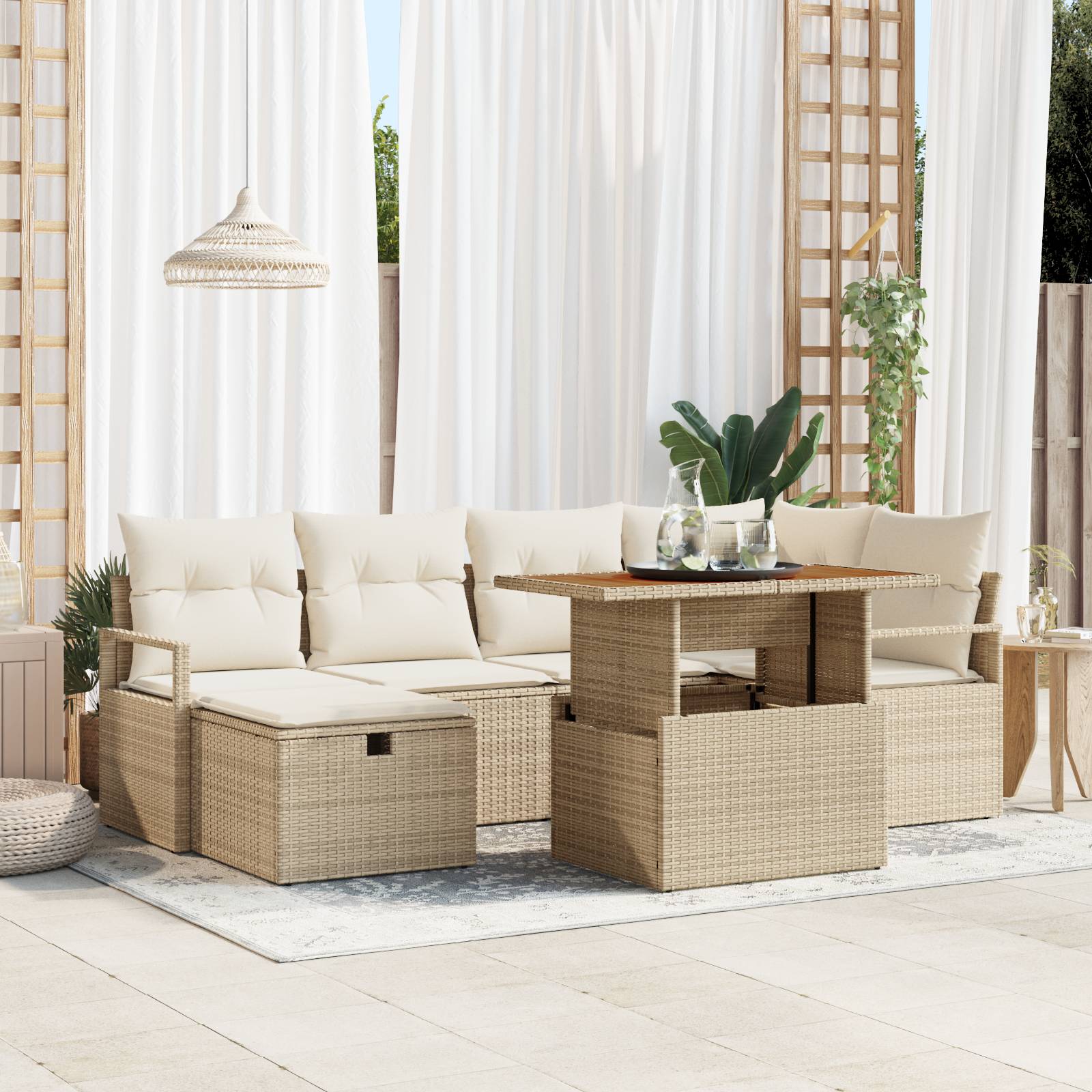 vidaXL 7-teiliges Garten Sofa Set mit Kissen Beige Poly Rattan