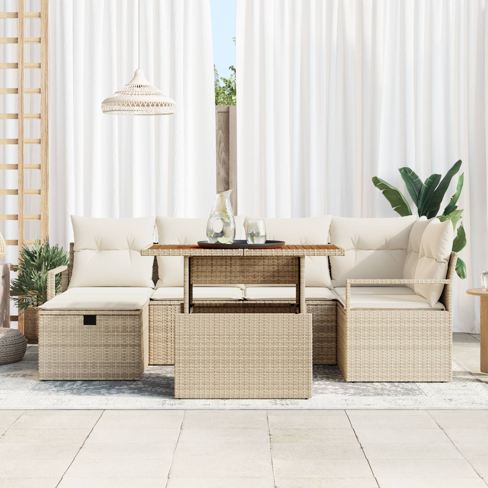 vidaXL 7-teiliges Garten Sofa Set mit Kissen Beige Poly Rattan