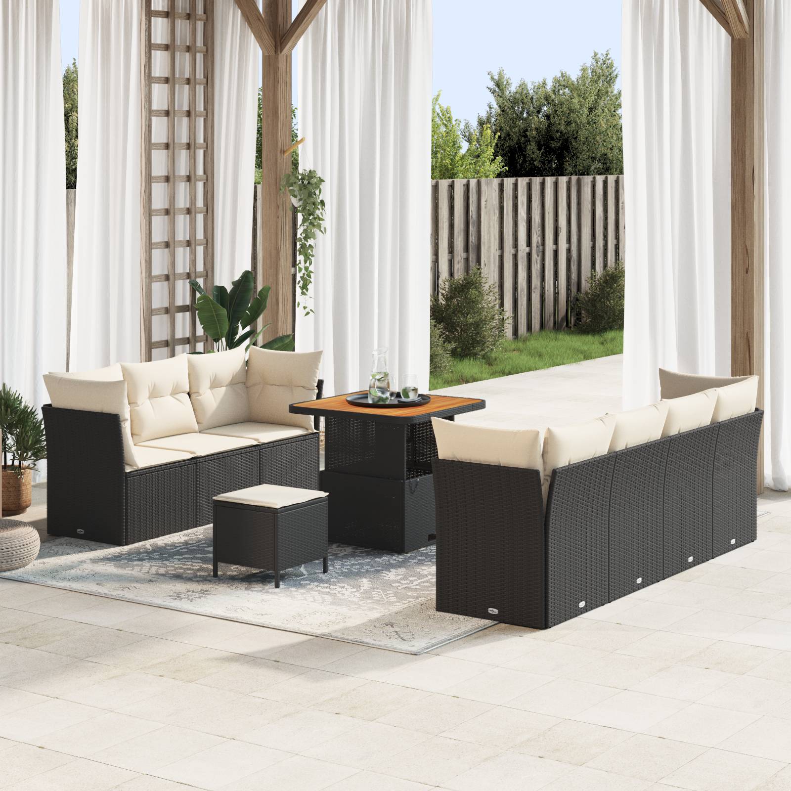 vidaXL 10-teiliges Garten-Sofa-Set mit Kissen schwarzes Poly-Rattan Akazie