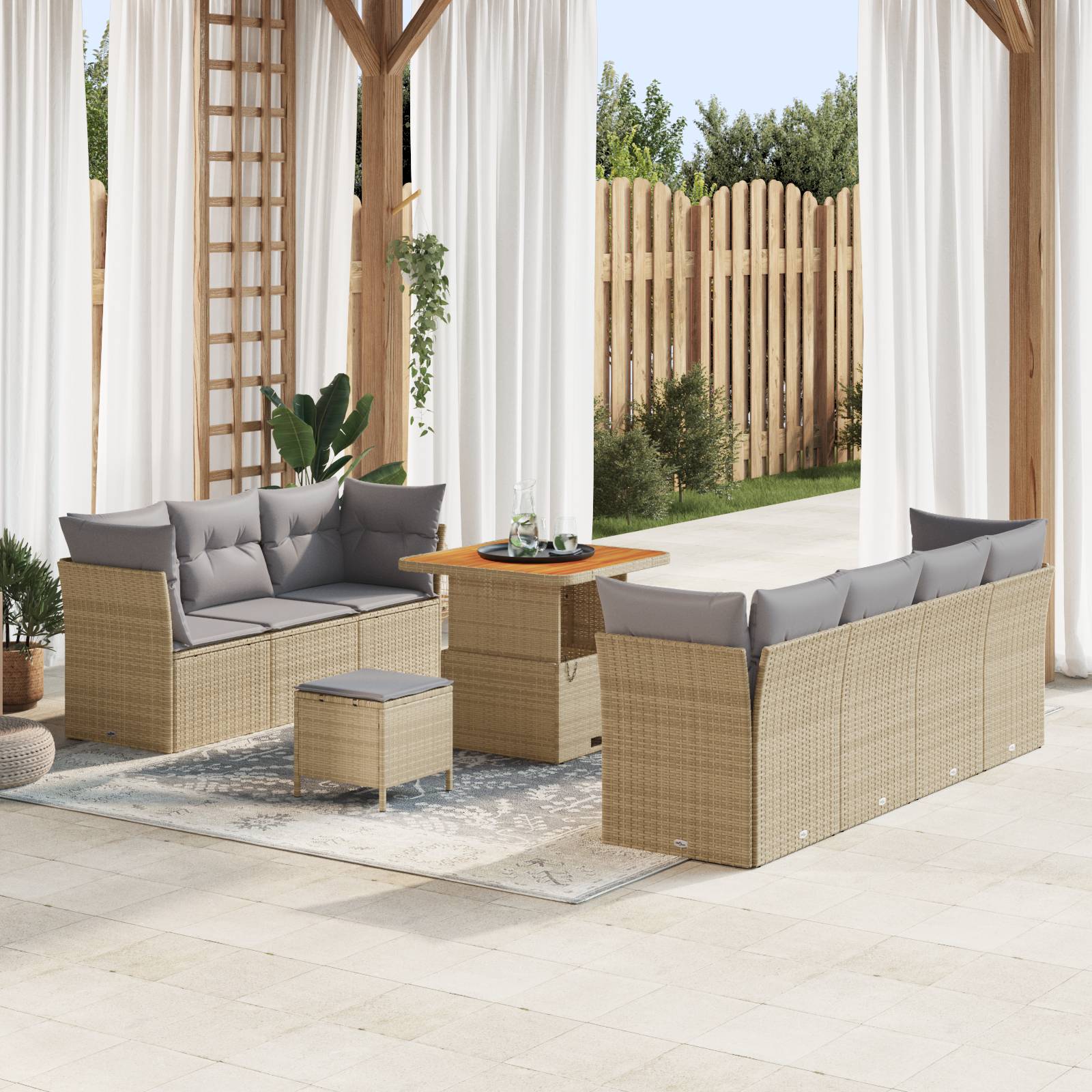 vidaXL 10-teiliges Garten-Sofa-Set mit Kissen aus beigem Poly-Rattan