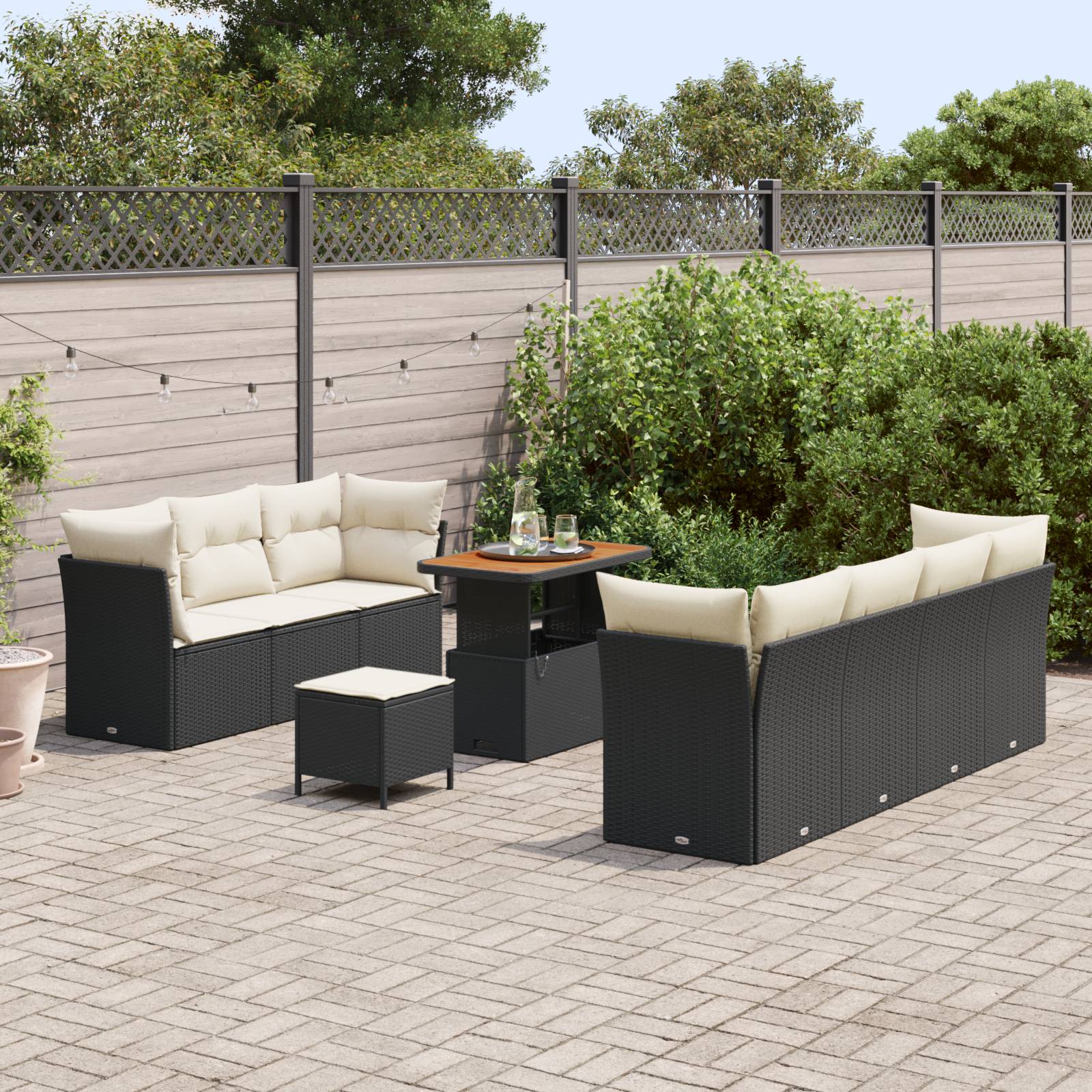 vidaXL 10-teiliges Garten Sofa Set mit Kissen Schwarz Poly Rattan Akazie