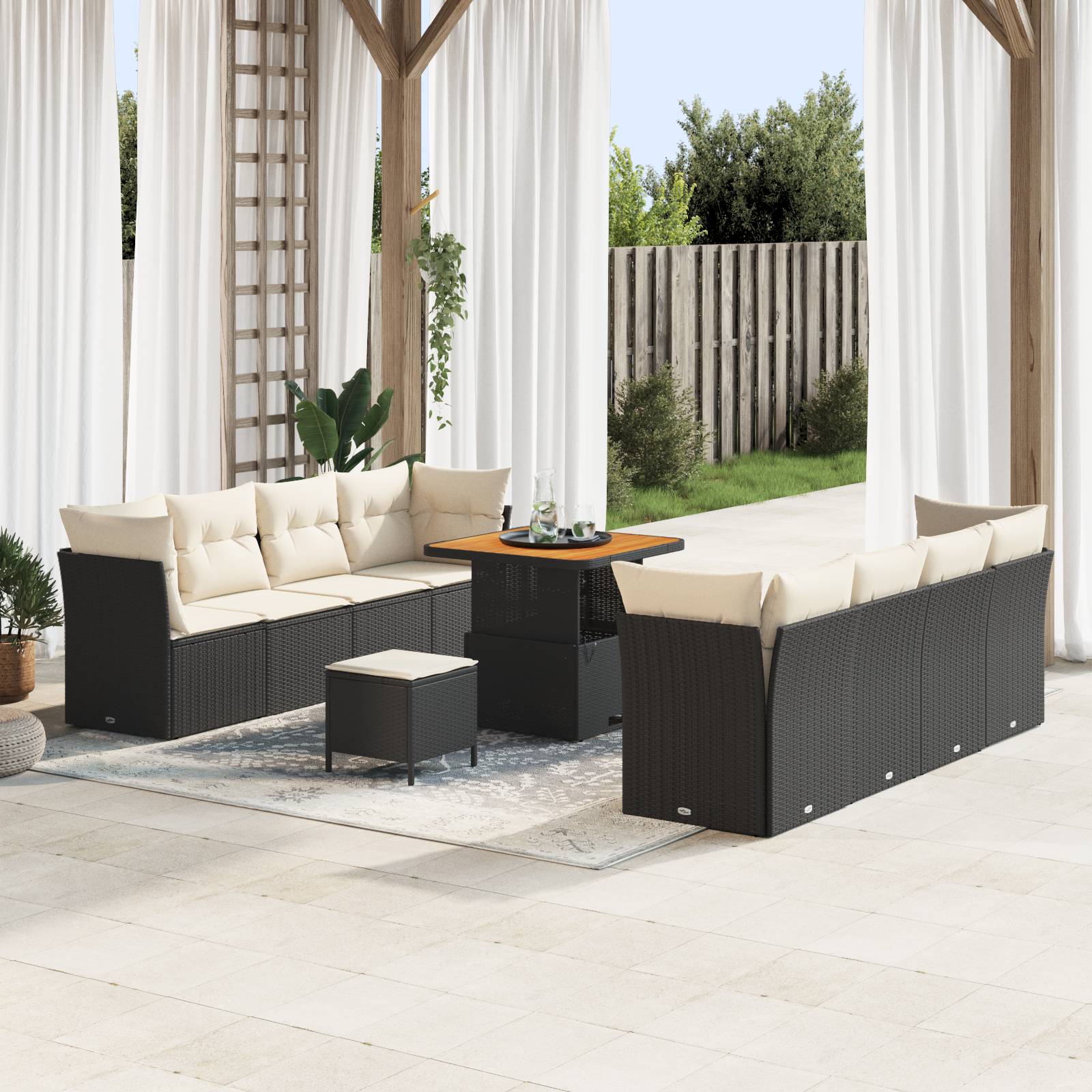 vidaXL 11-teiliges Garten Sofa Set mit Kissen – Schwarz – Poly Rattan – Akazie