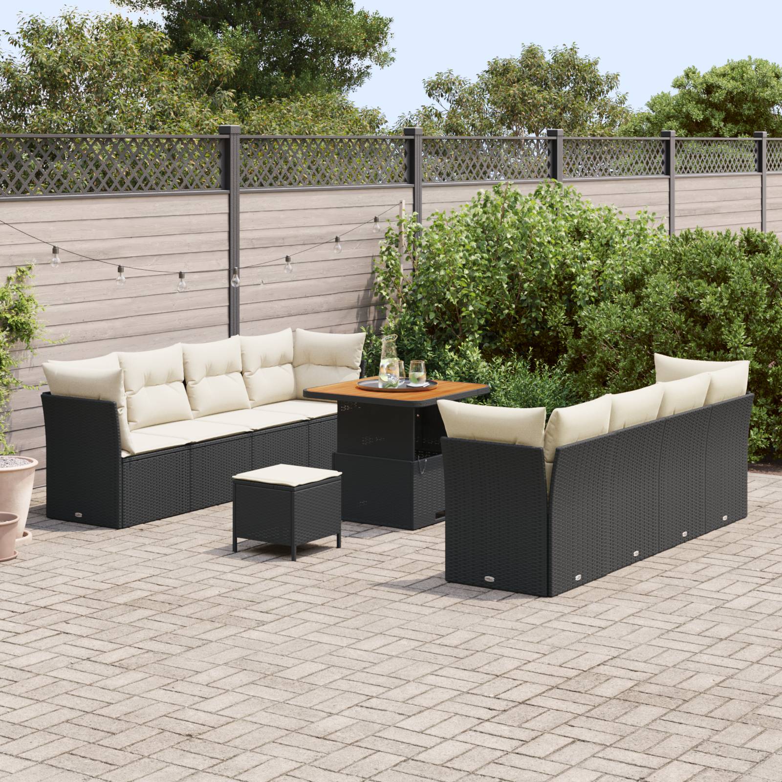 vidaXL 11-teiliges Garten Sofa Set mit Kissen – Schwarz – Poly Rattan – Akazie