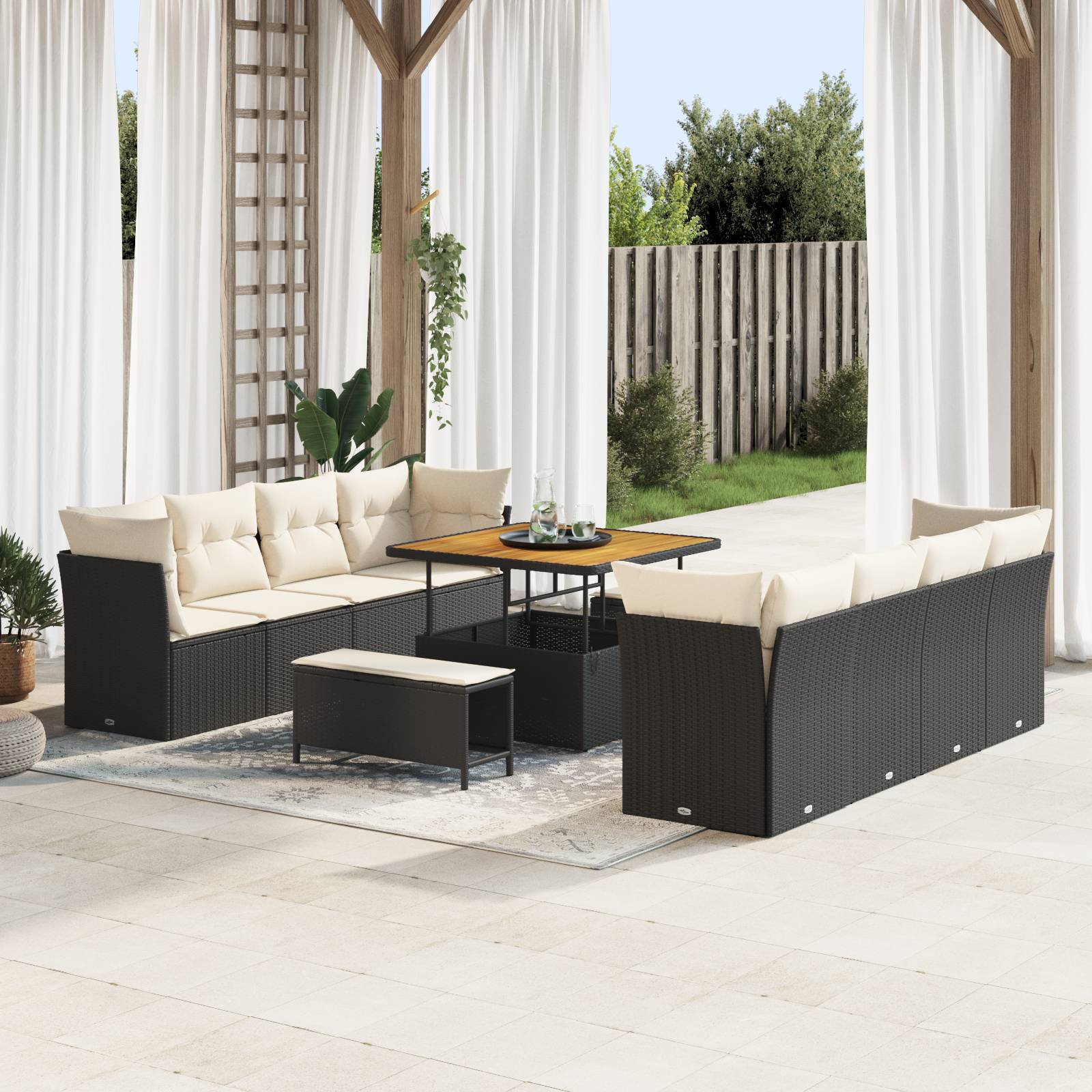 vidaXL 11-teiliges Gartensofa Set mit Kissen Schwarz Poly Rattan Akazie