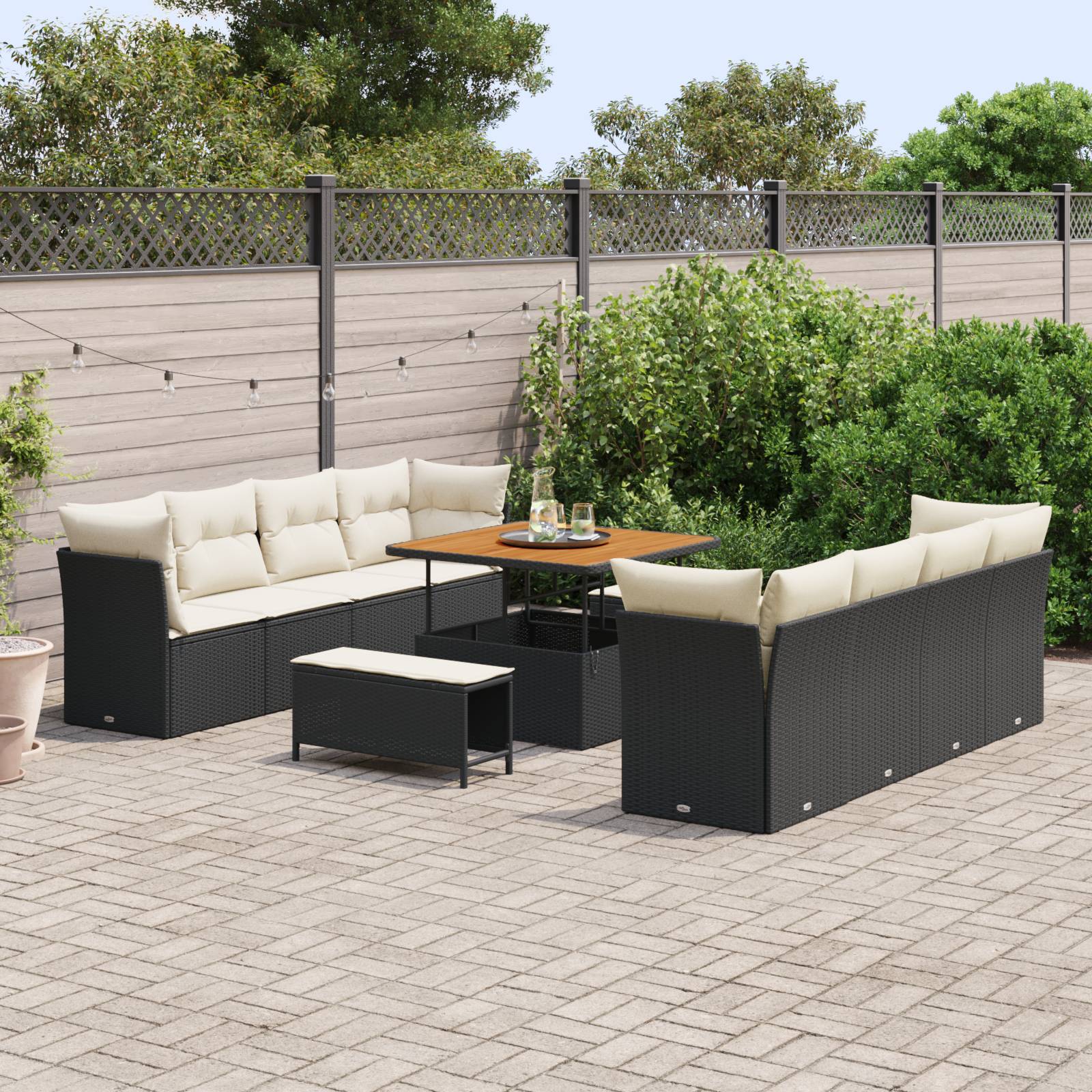 vidaXL 11-teiliges Gartensofa Set mit Kissen Schwarz Poly Rattan Akazie