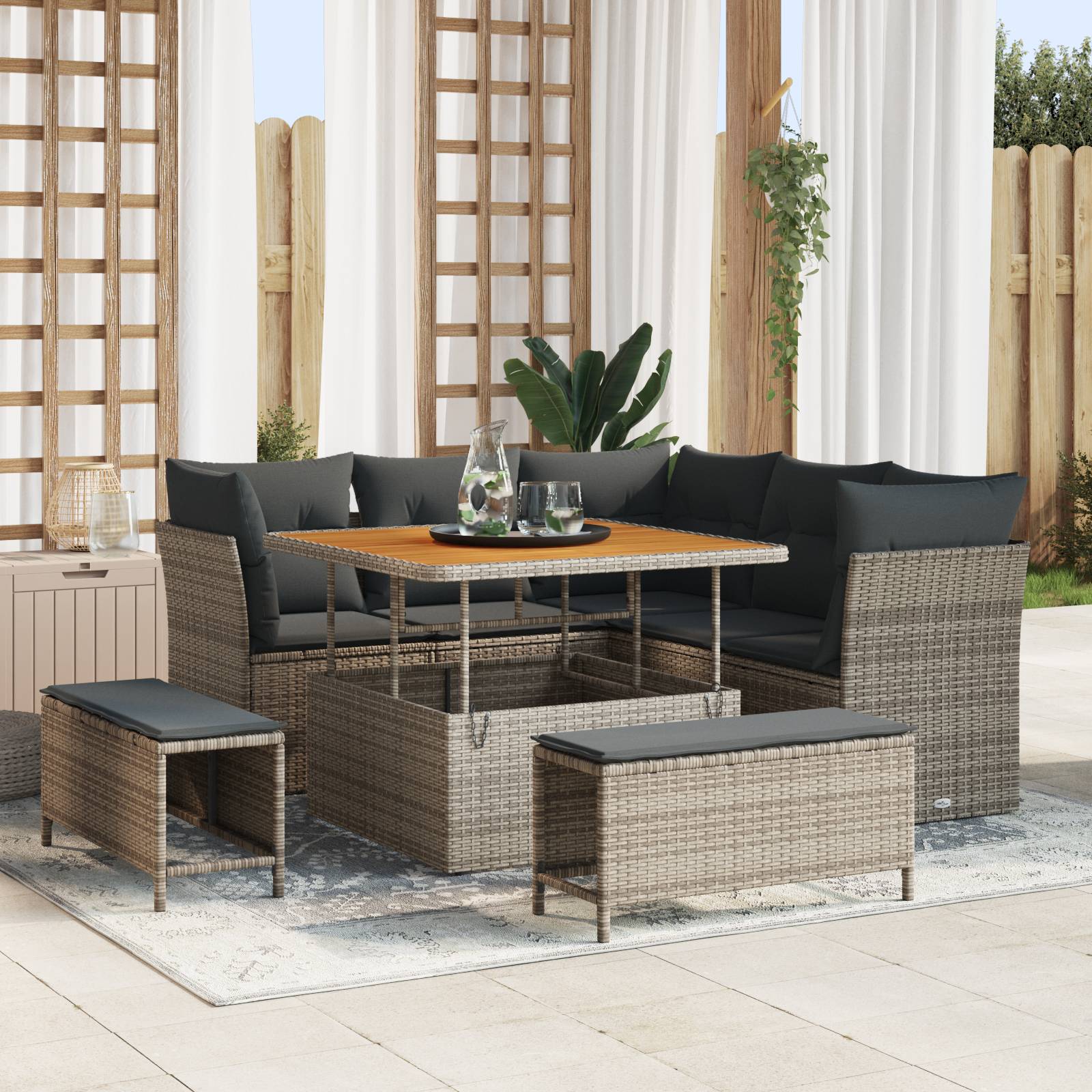 vidaXL 8-tlg. Garten Sofa Set mit Kissen Grau Poly Rattan Akazie