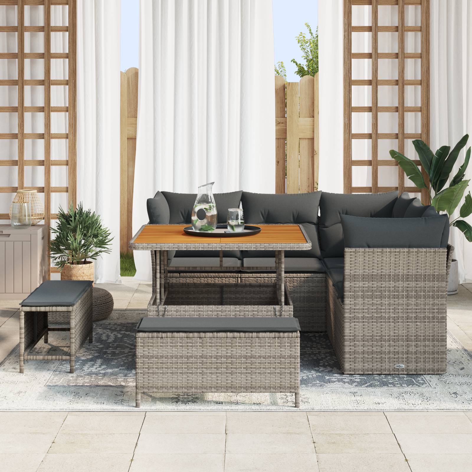 vidaXL 8-tlg. Garten Sofa Set mit Kissen Grau Poly Rattan Akazie