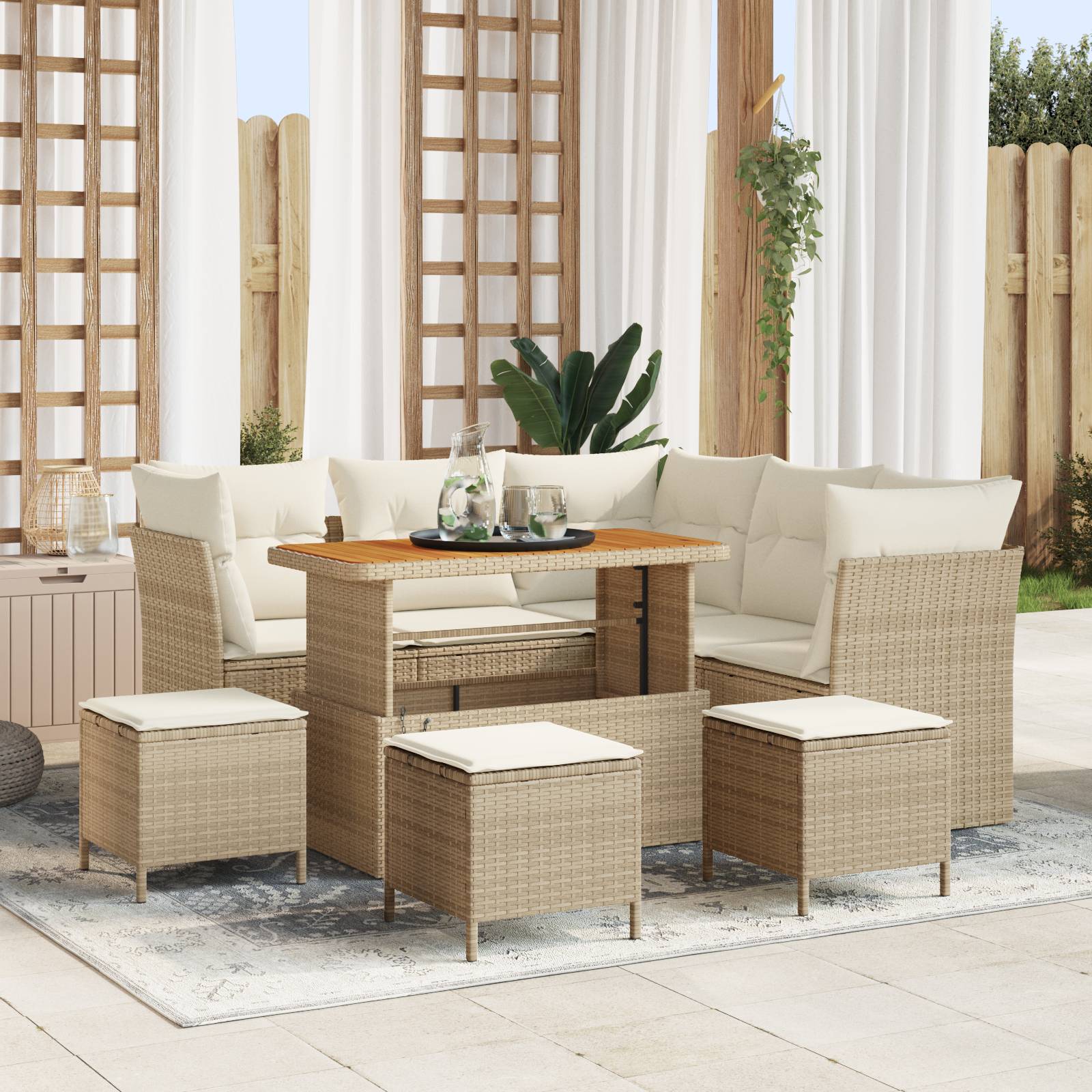 vidaXL 9-teiliges Garten Sofa Set mit Kissen Beige Poly Rattan Akazie