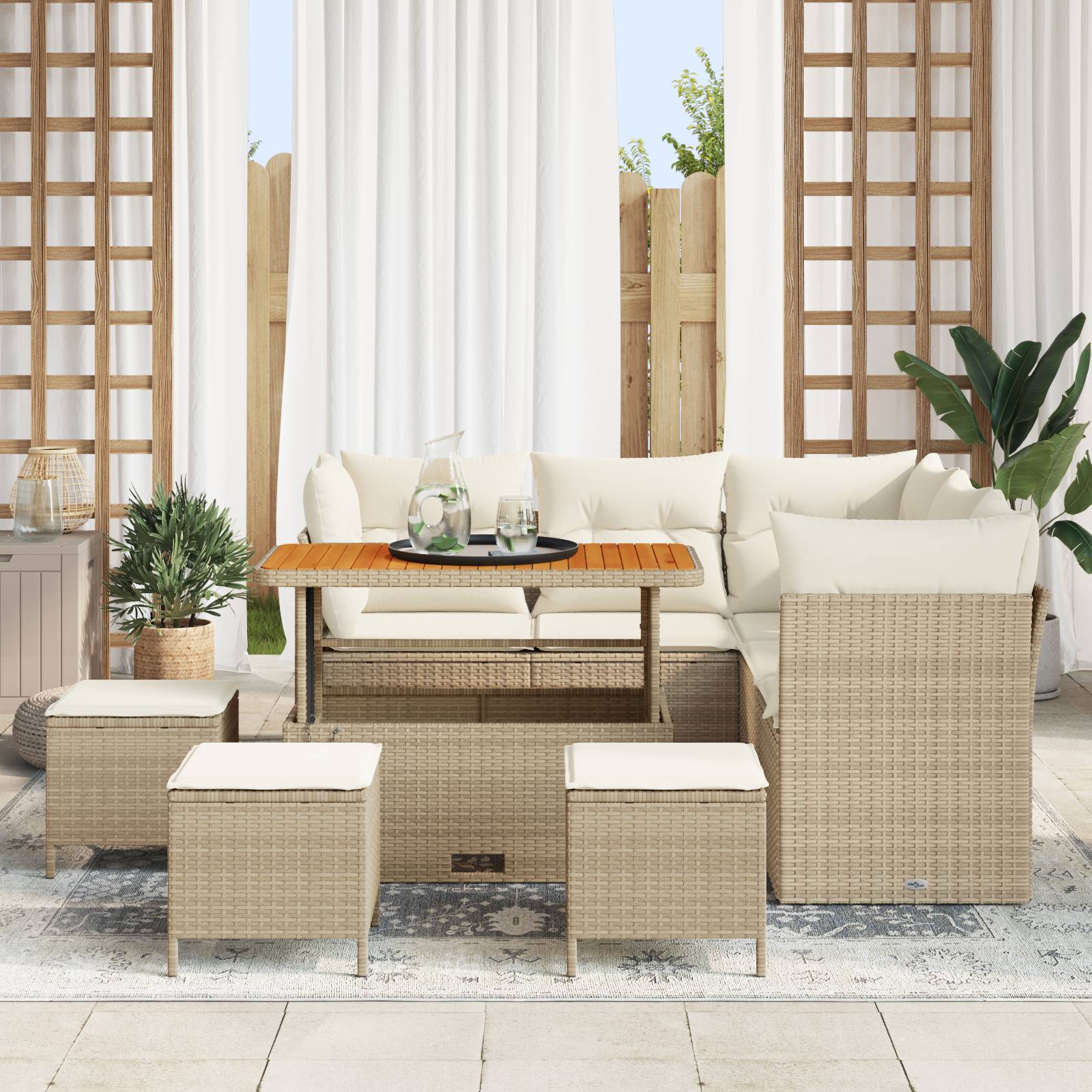 vidaXL 9-teiliges Garten Sofa Set mit Kissen Beige Poly Rattan Akazie