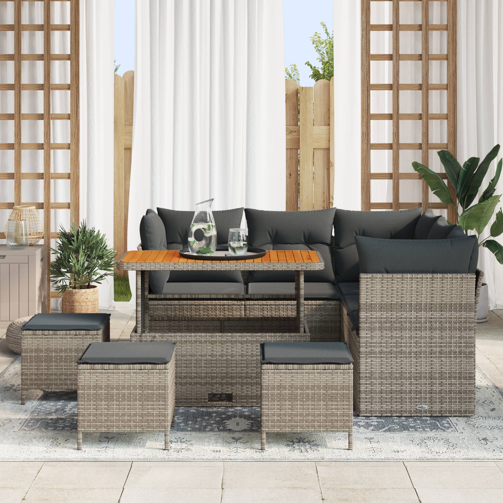 vidaXL 9-teiliges Garten Sofa Set mit Kissen Grau Poly Rattan Akazie