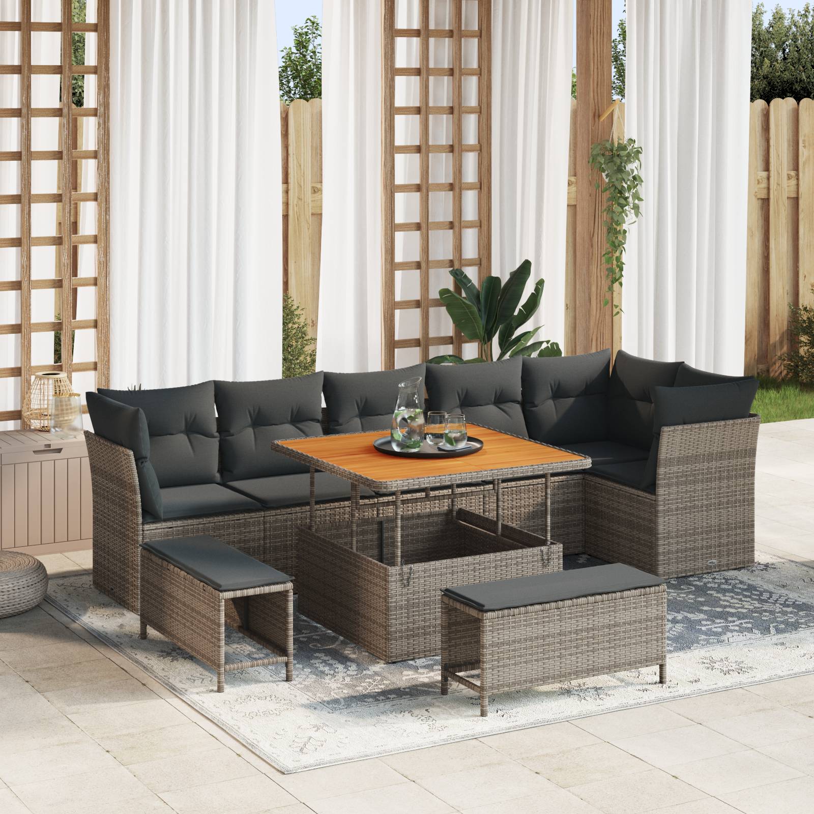 vidaXL 9-teiliges Garten-Sofa-Set mit Kissen Grau Poly-Rattan Akazie