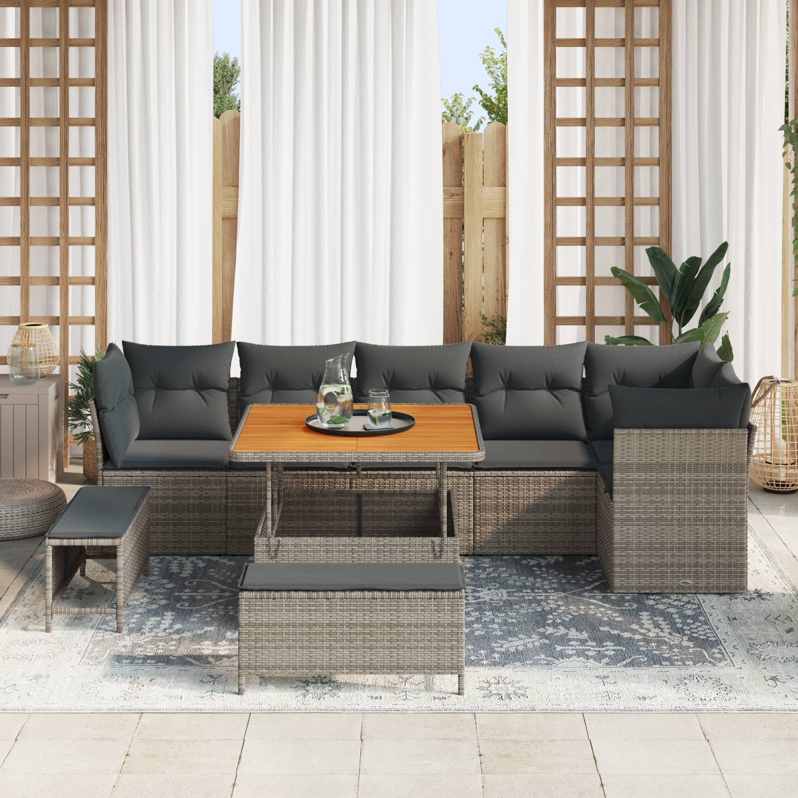 vidaXL 9-teiliges Garten-Sofa-Set mit Kissen Grau Poly-Rattan Akazie