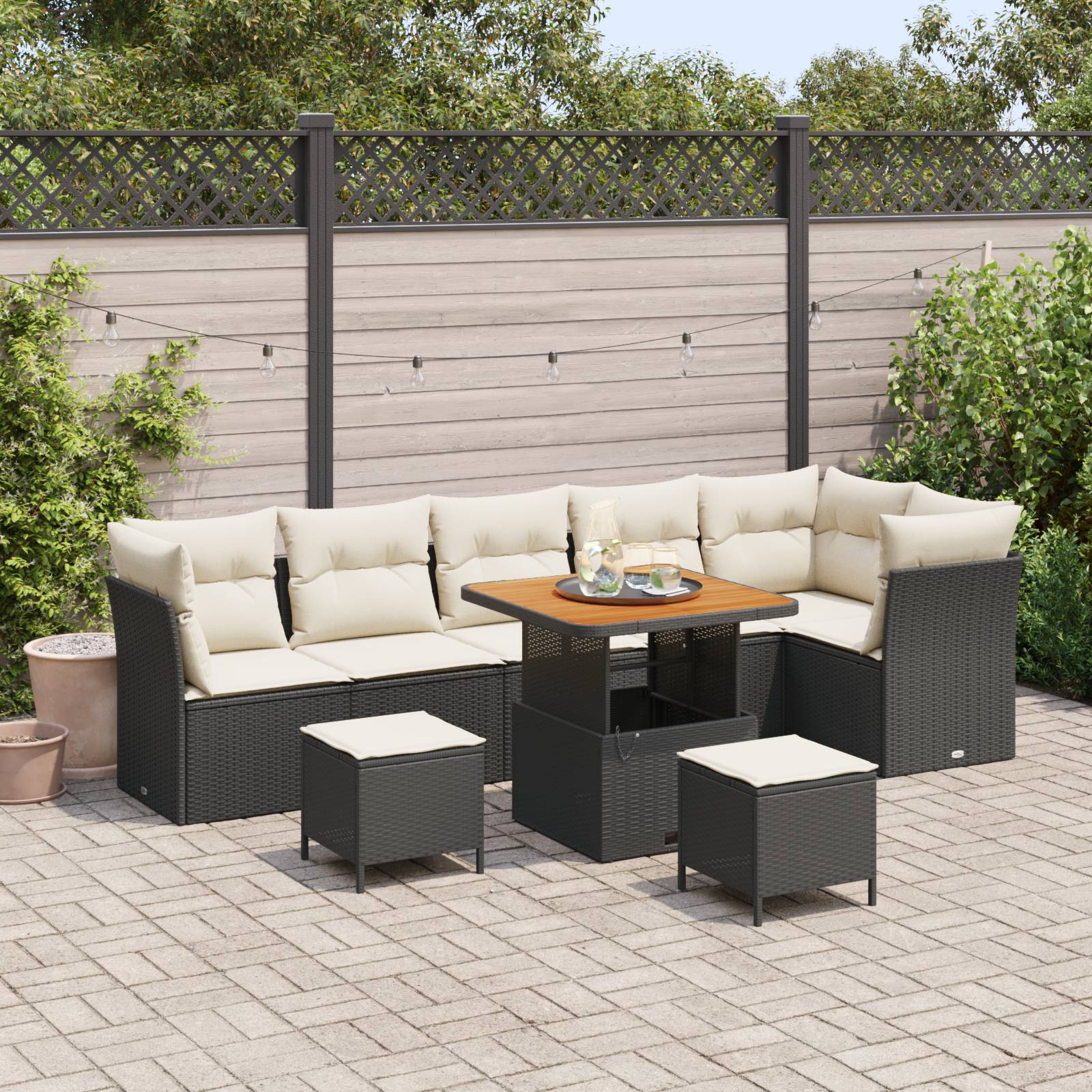 vidaXL 9-teiliges Garten-Sofa-Set mit Kissen Schwarz Poly-Rattan Akazie