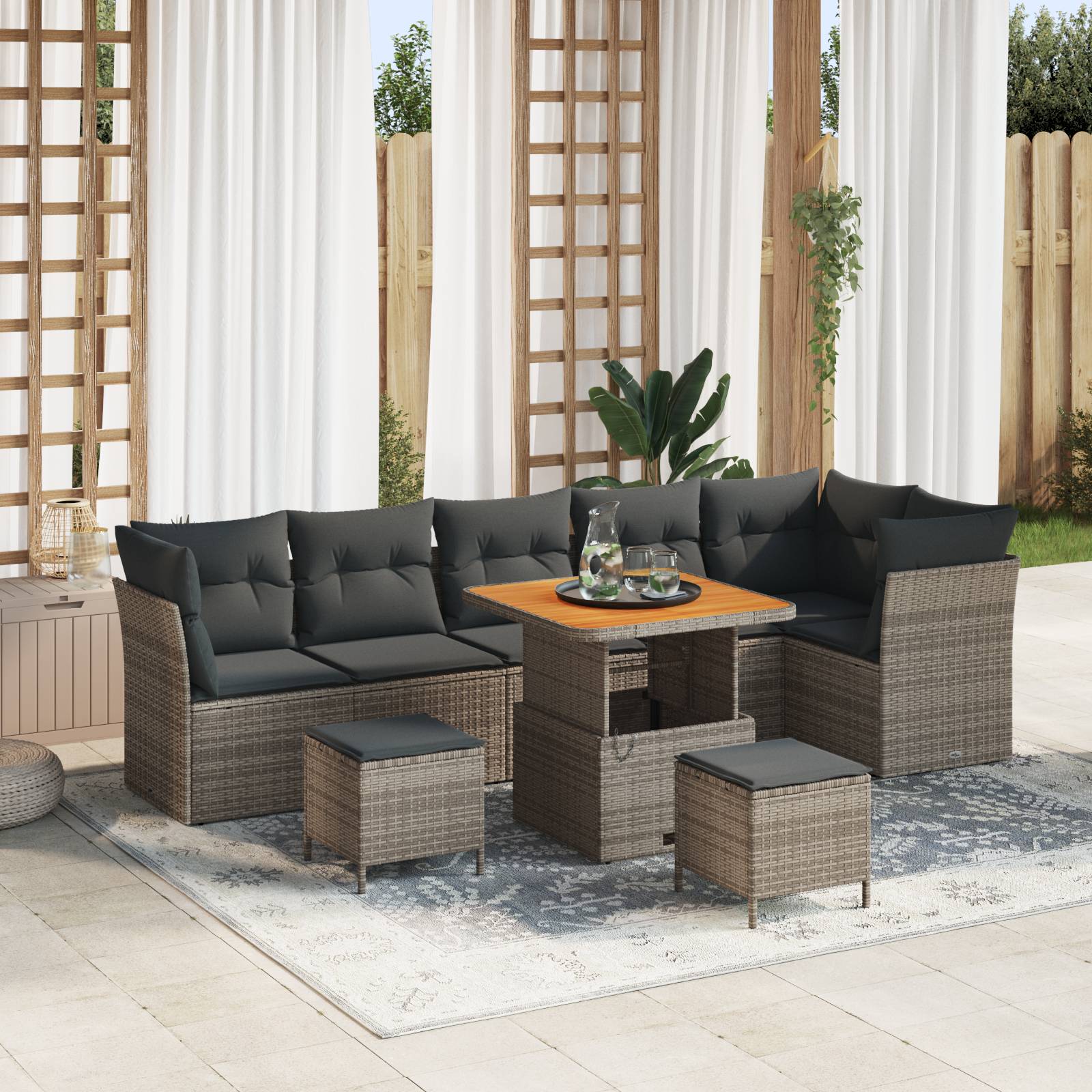 vidaXL 9-teiliges Garten Sofa Set mit Kissen Grau Poly Rattan Akazie