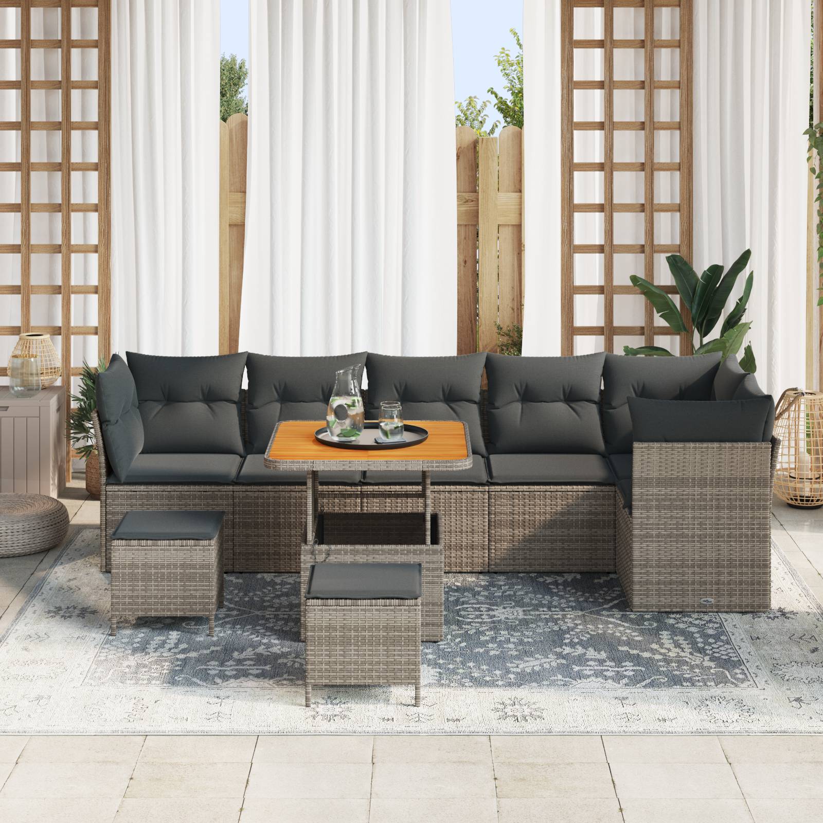 vidaXL 9-teiliges Garten Sofa Set mit Kissen Grau Poly Rattan Akazie