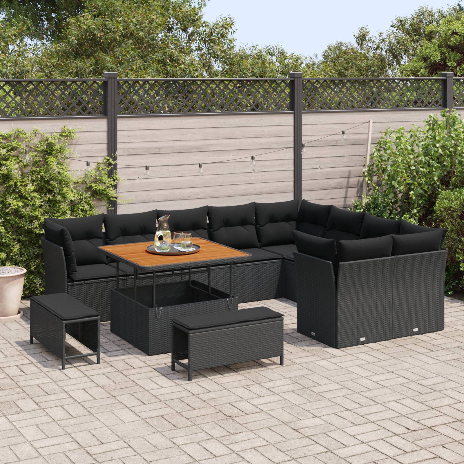 vidaXL 12-teiliges Garten Sofa Set mit Kissen Schwarz Poly Rattan Akazie