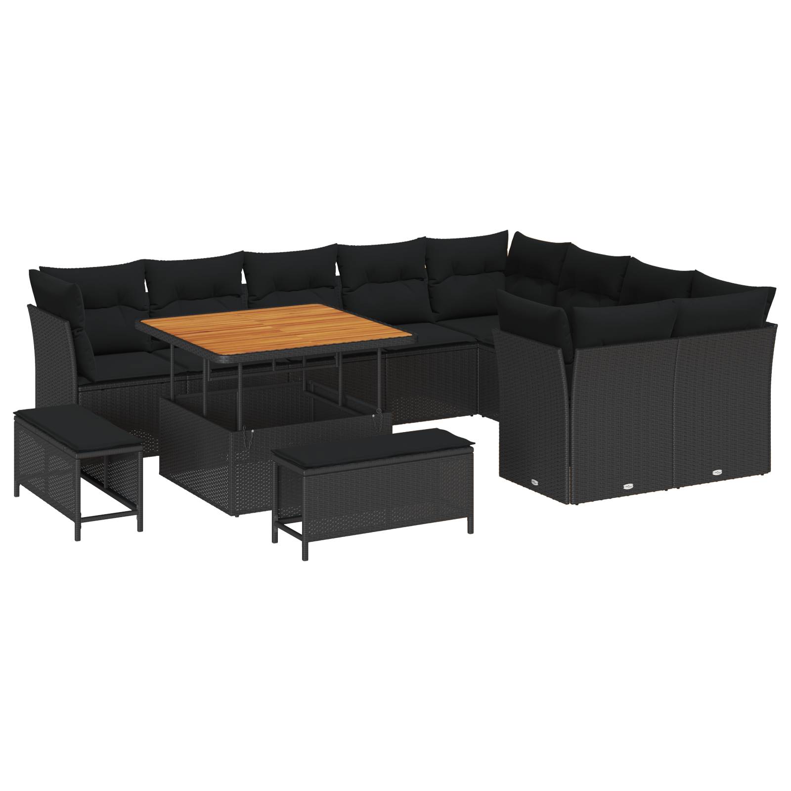vidaXL 12-teiliges Garten Sofa Set mit Kissen Schwarz Poly Rattan Akazie