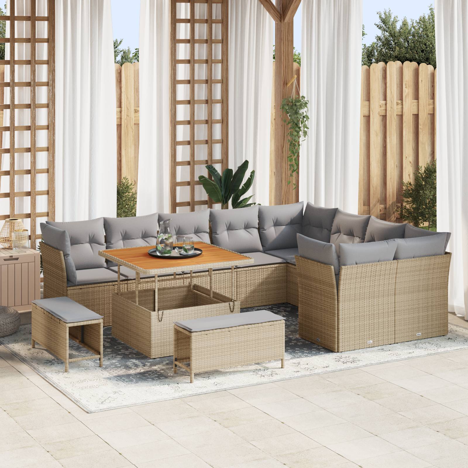 vidaXL 12-teiliges Garten Sofa Set mit Kissen Beige Poly Rattan Akazie
