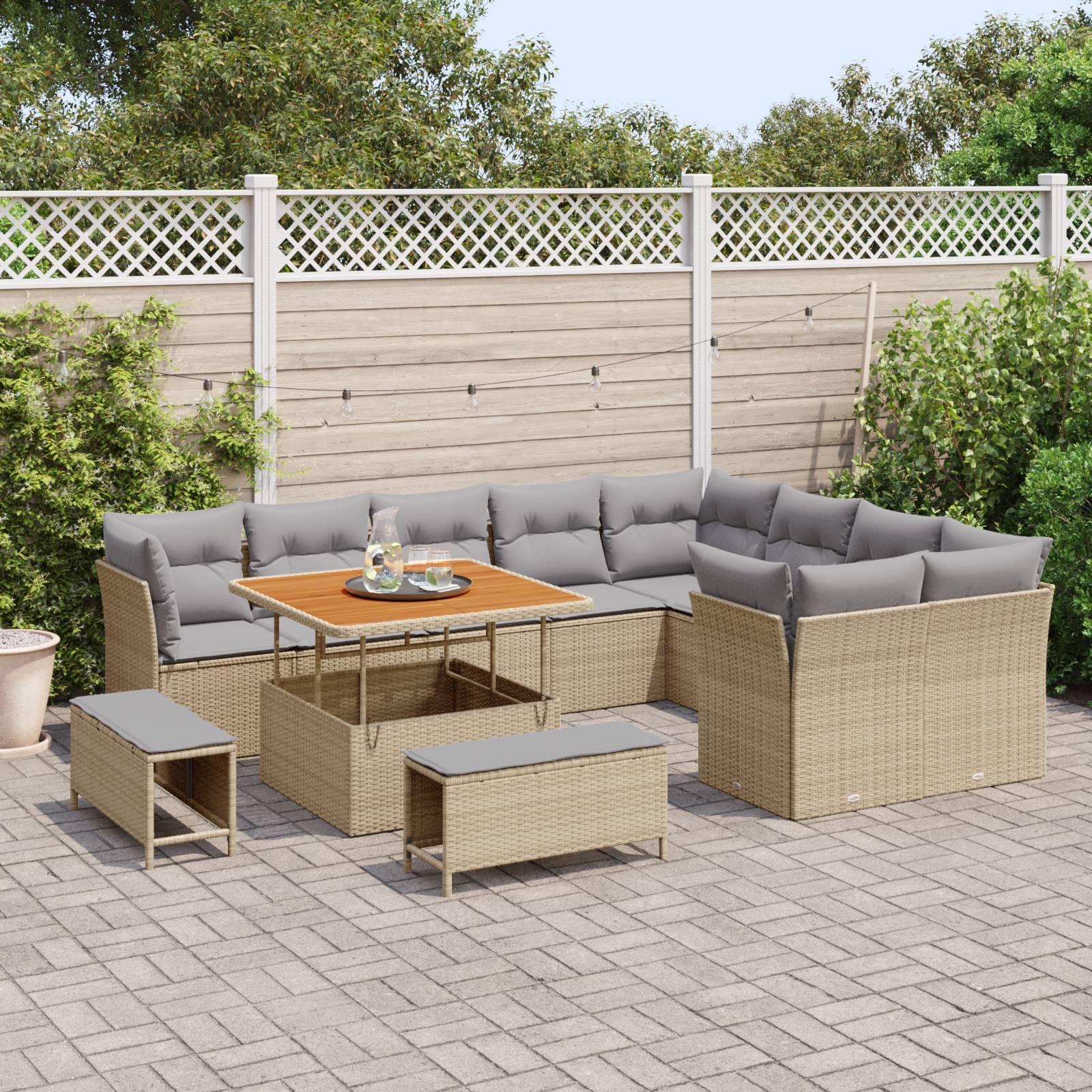 vidaXL 12-teiliges Garten Sofa Set mit Kissen Beige Poly Rattan Akazie