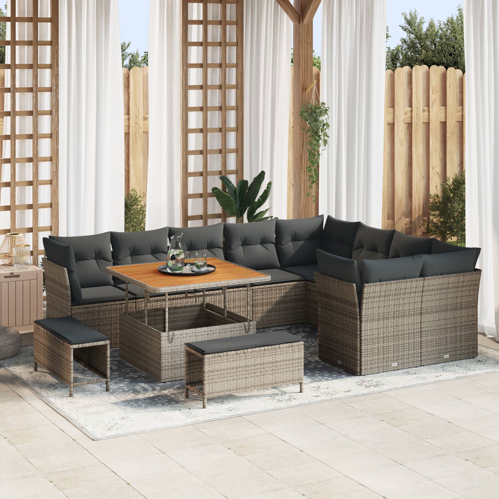 vidaXL 12-teiliges Garten Sofa Set mit Kissen Grau Poly Rattan Akazie