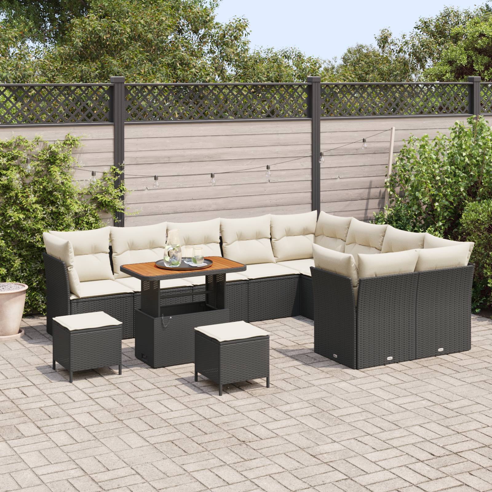 vidaXL 12-teiliges Garten Sofa Set mit Kissen Schwarz Poly Rattan Akazie