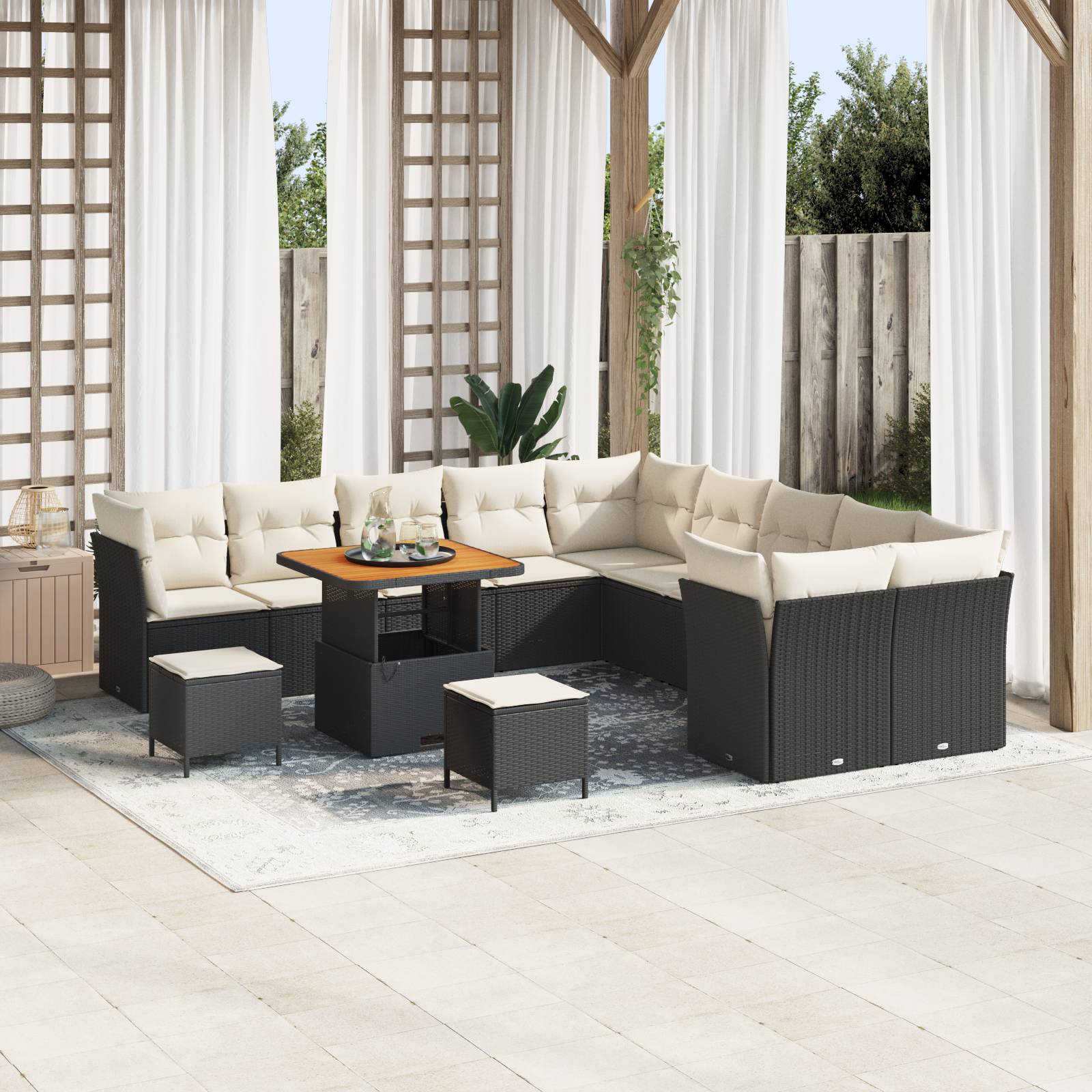 vidaXL 13-teiliges Garten Sofa Set mit Kissen Schwarz Poly Rattan Akazie