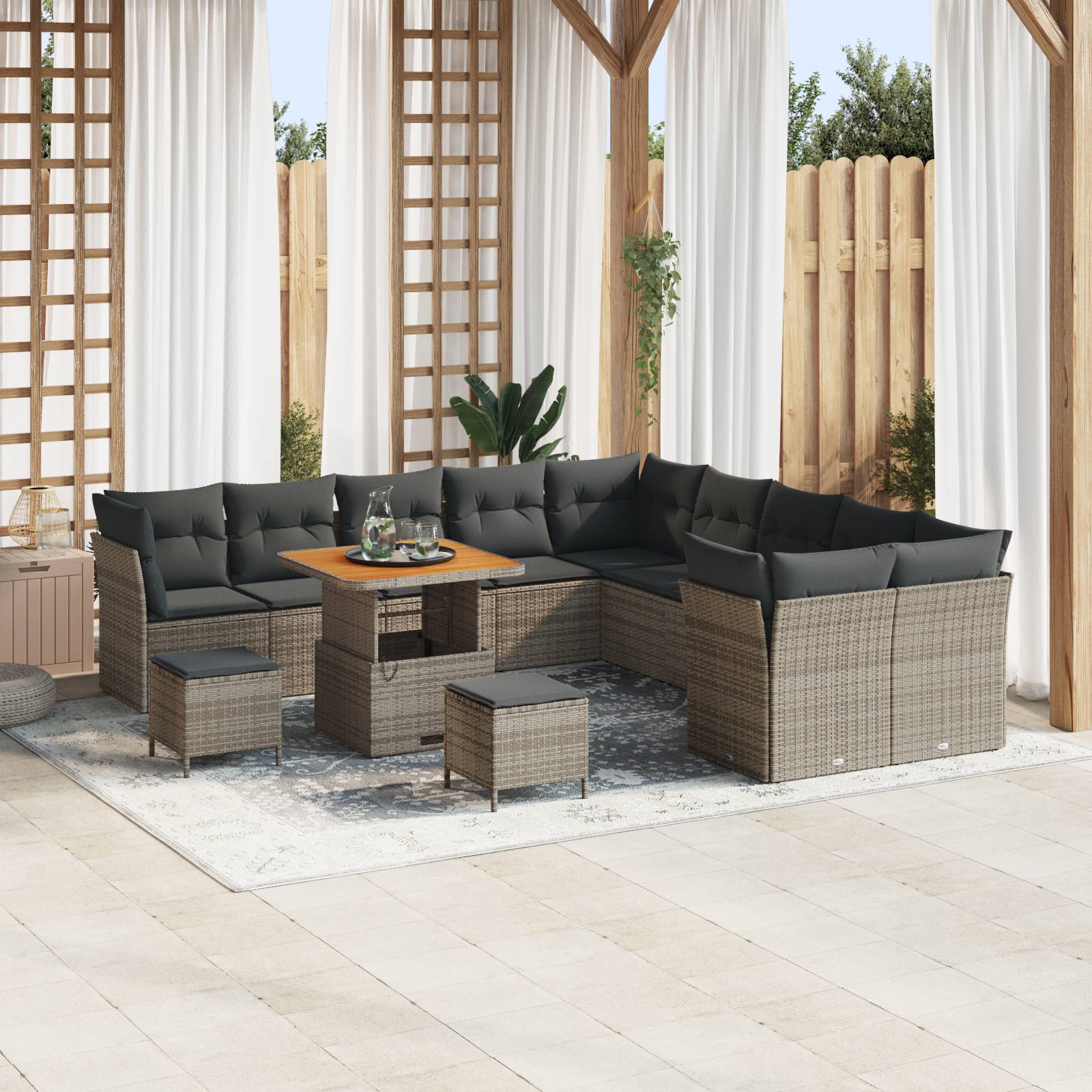 vidaXL 13-teiliges Garten-Sofa-Set mit Kissen Grau Poly-Rattan Akazie