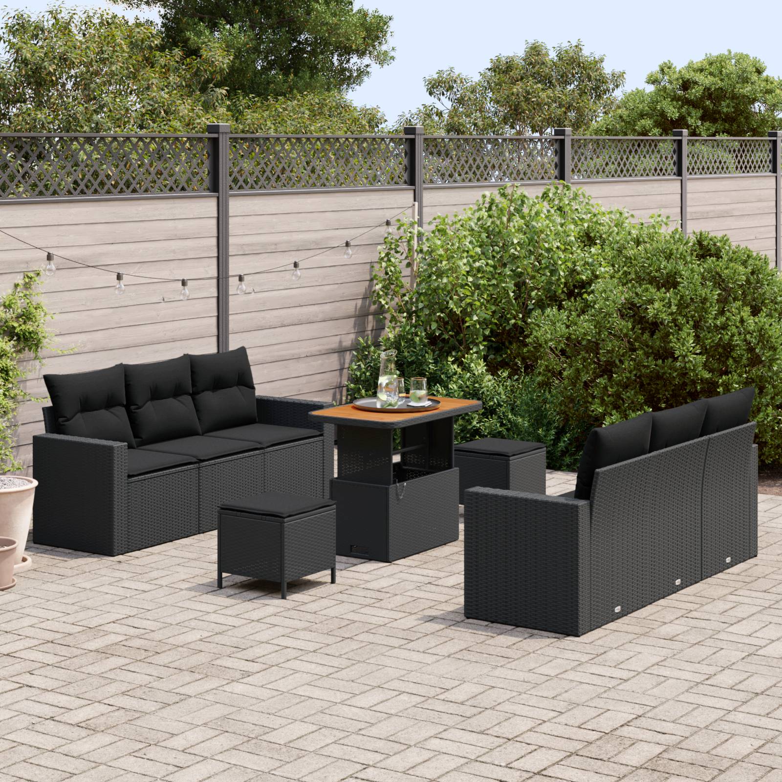 vidaXL 9-teiliges Garten Sofa Set mit Kissen Schwarz Poly Rattan Akazie