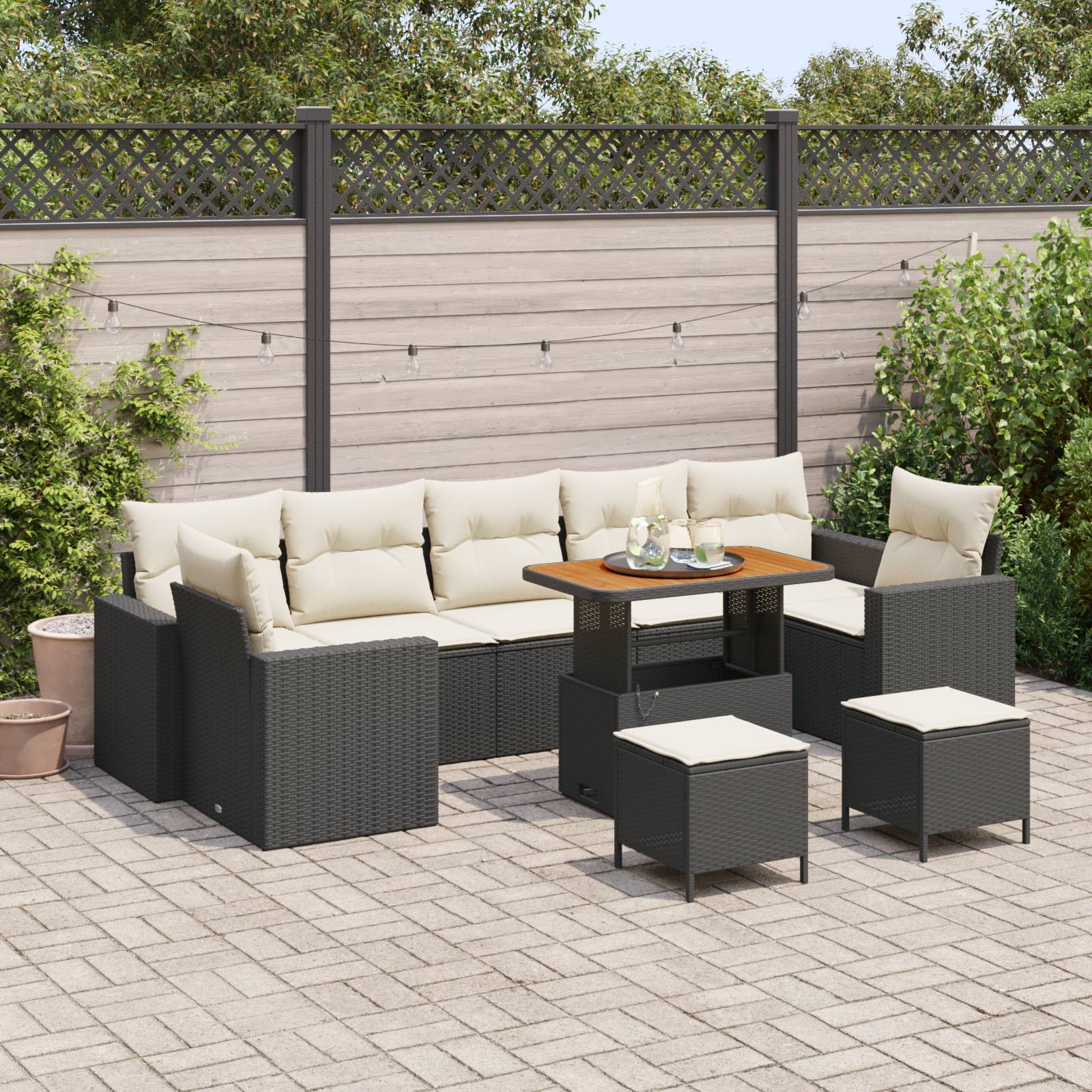 vidaXL 10-teiliges Garten-Sofa-Set mit Kissen in Schwarz aus Poly-Rattan Akazie