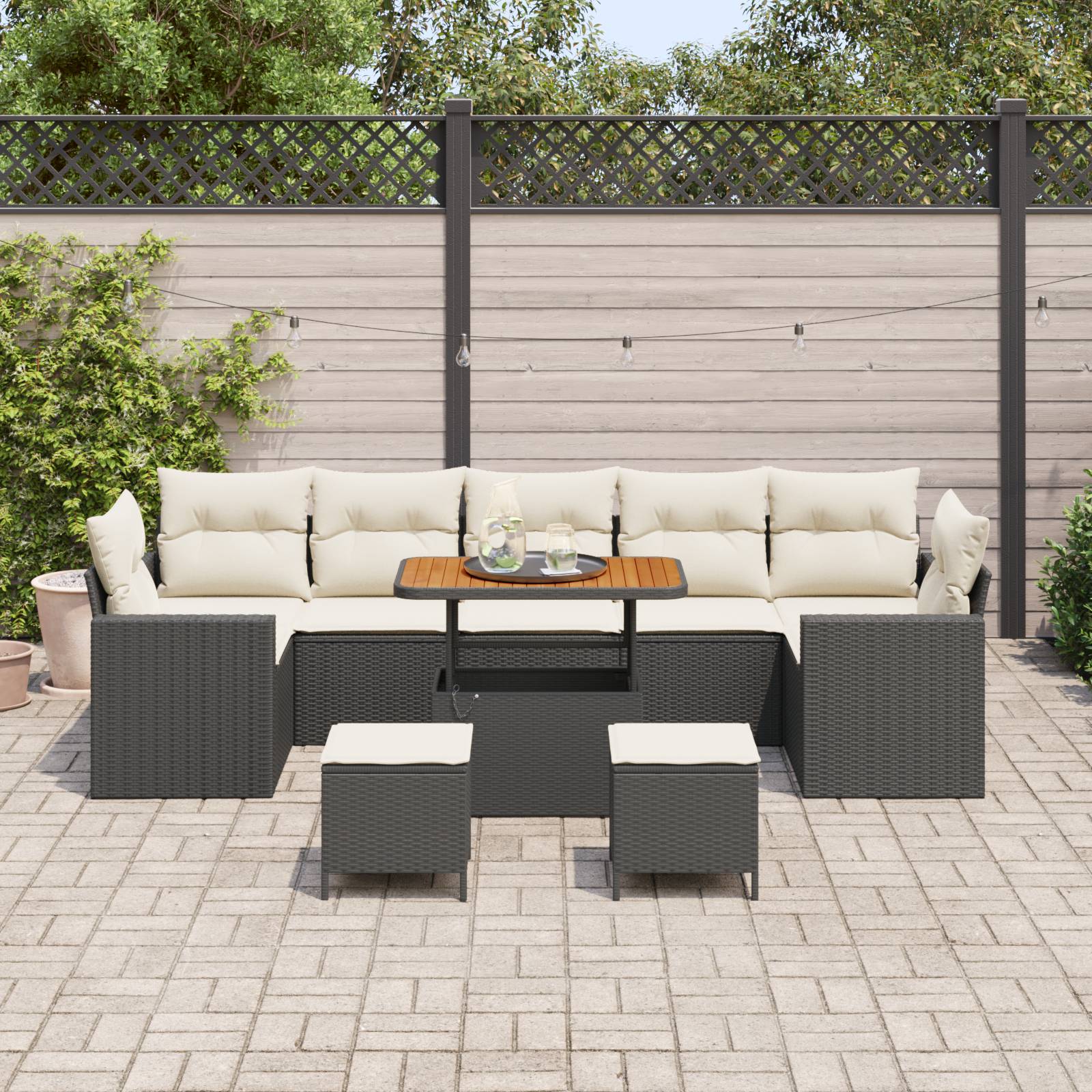 vidaXL 10-teiliges Garten-Sofa-Set mit Kissen in Schwarz aus Poly-Rattan Akazie