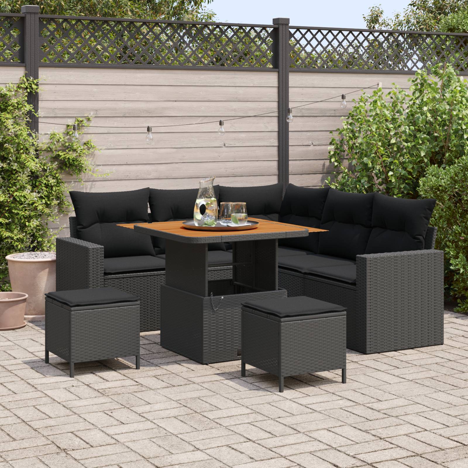 vidaXL 8-teiliges Garten Sofa Set mit Kissen Schwarz Poly Rattan Akazie
