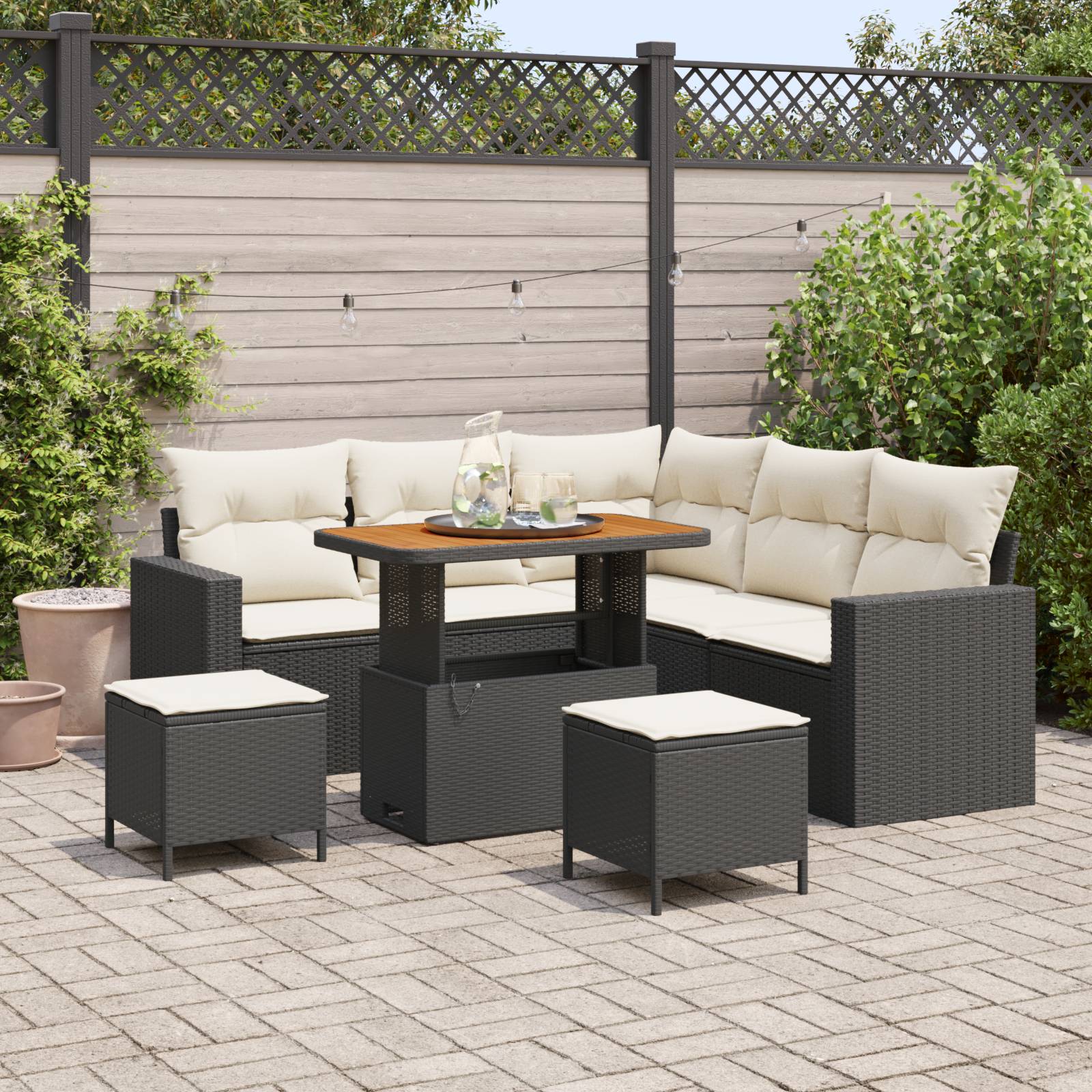 vidaXL 8-teiliges Garten Sofa Set mit Kissen, schwarzes Poly Rattan, Akazie