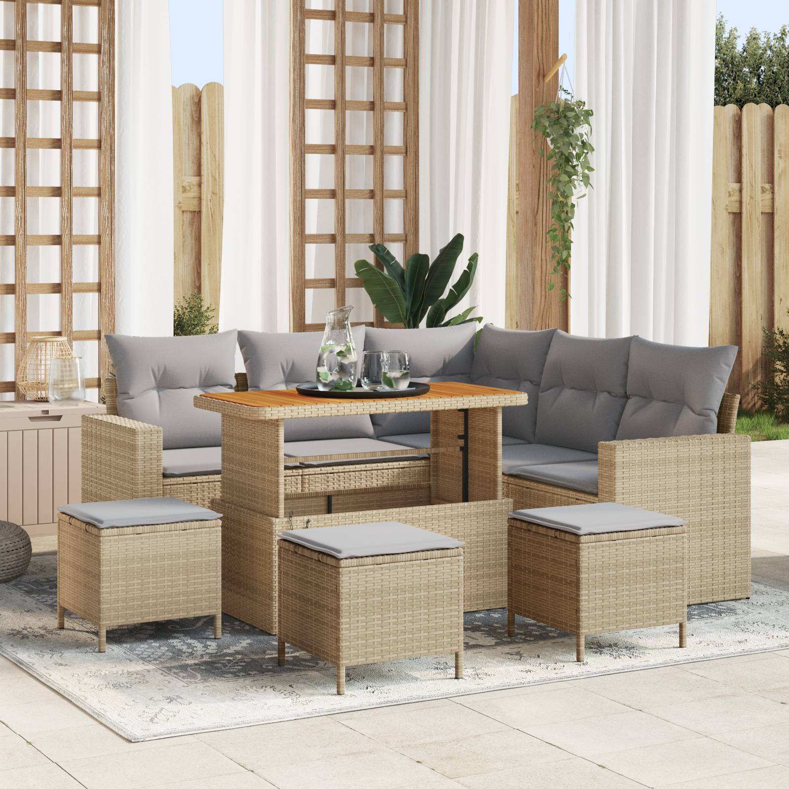vidaXL 9-teiliges Garten-Sofa-Set mit Kissen Beige Poly-Rattan Akazie