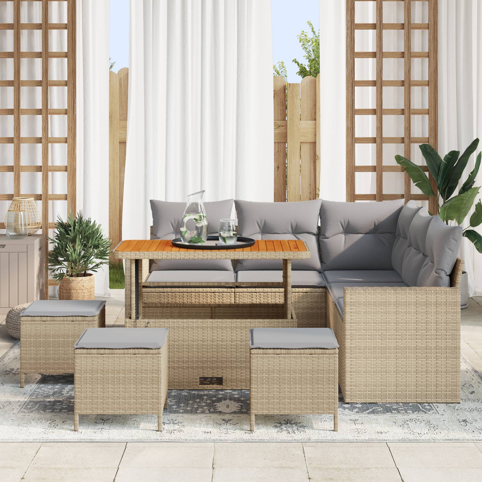 vidaXL 9-teiliges Garten-Sofa-Set mit Kissen Beige Poly-Rattan Akazie