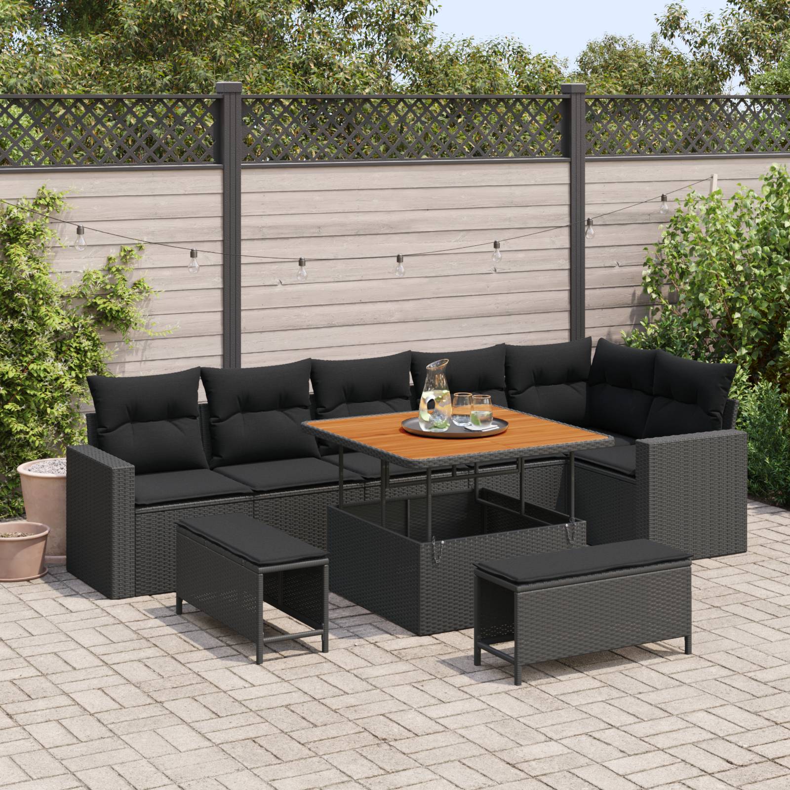 vidaXL 9-teiliges Garten Sofa Set mit Kissen Schwarz Poly Rattan Akazie