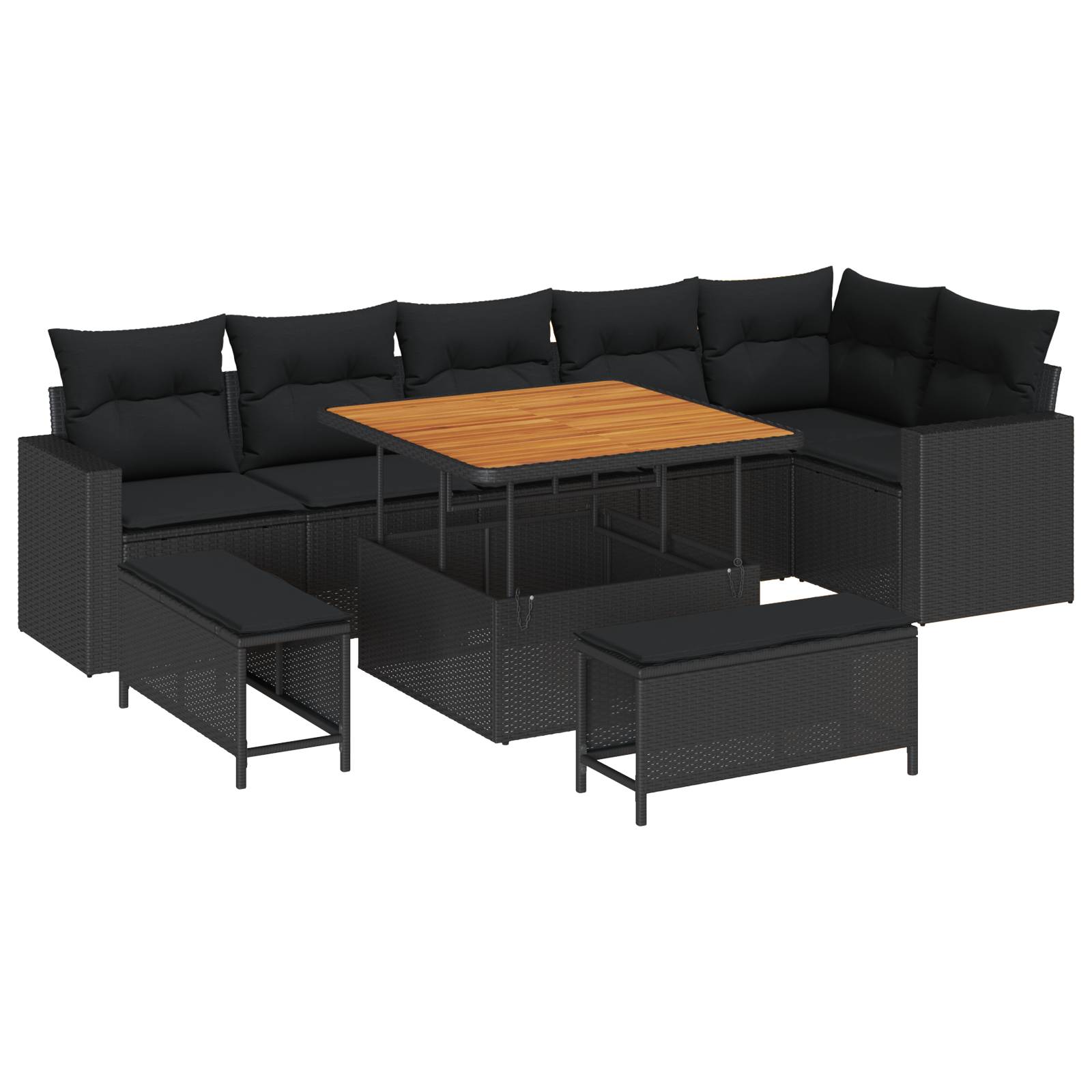 vidaXL 9-teiliges Garten Sofa Set mit Kissen Schwarz Poly Rattan Akazie