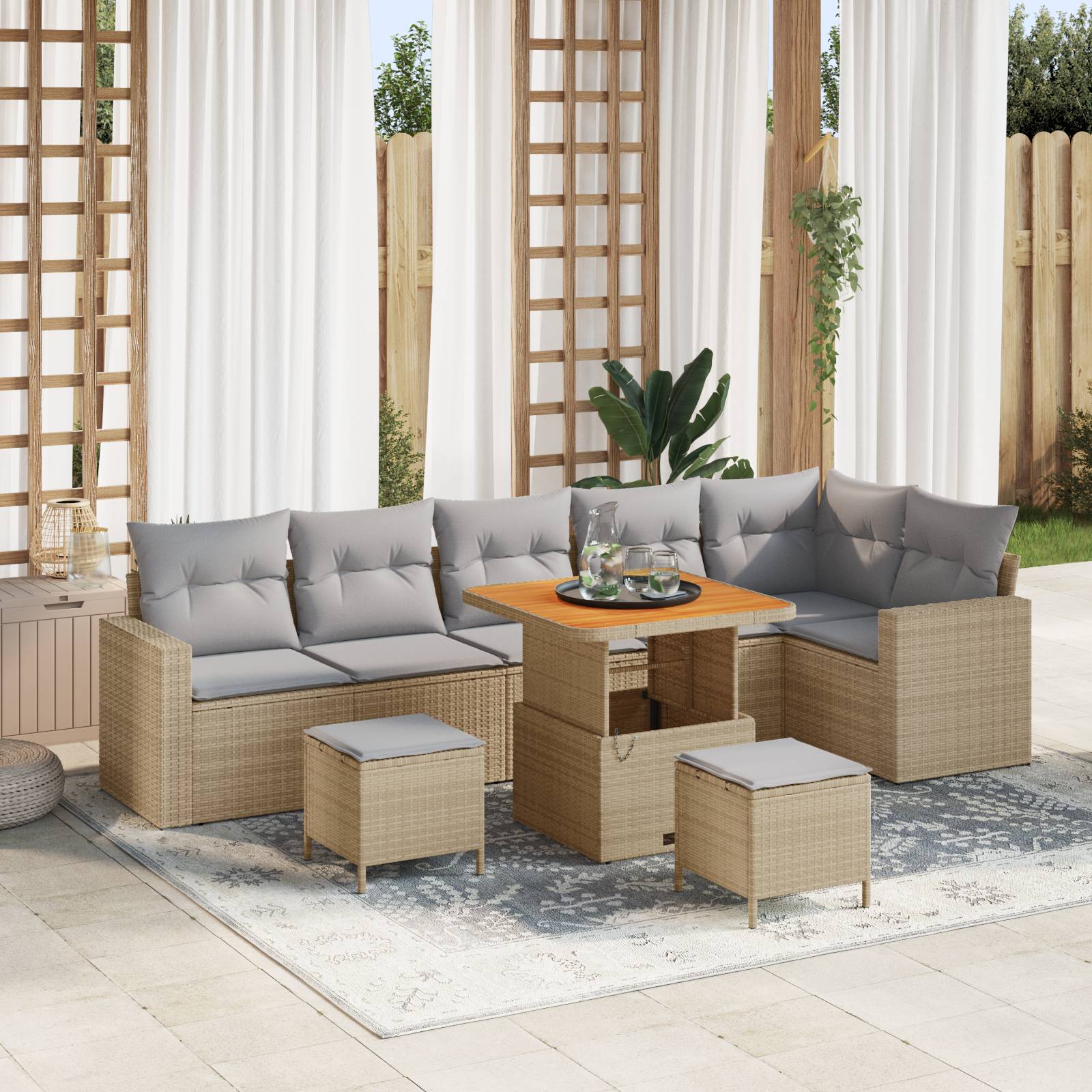 vidaXL 9-teiliges Garten-Sofa-Set mit Kissen Beige Poly-Rattan Akazie